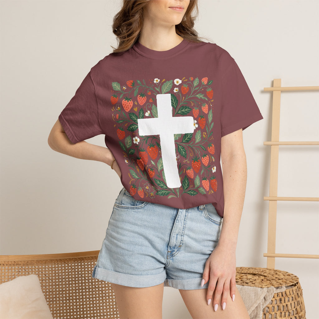 Strawberry Floral Cross T-Shirt — Botanical Faith Graphic Tee