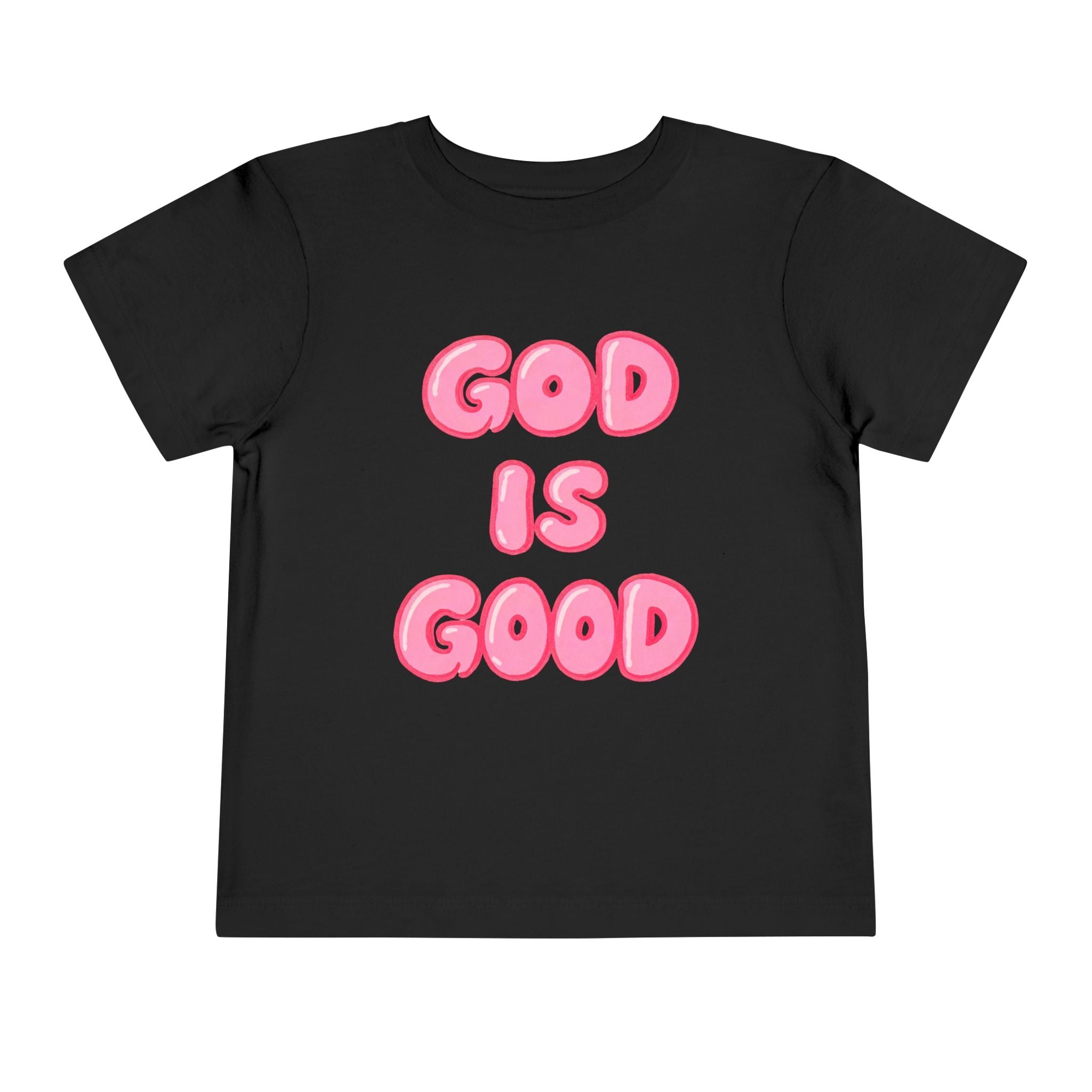 God Is Good Toddler Tee — Pink Bubble Letter Faith Shirt