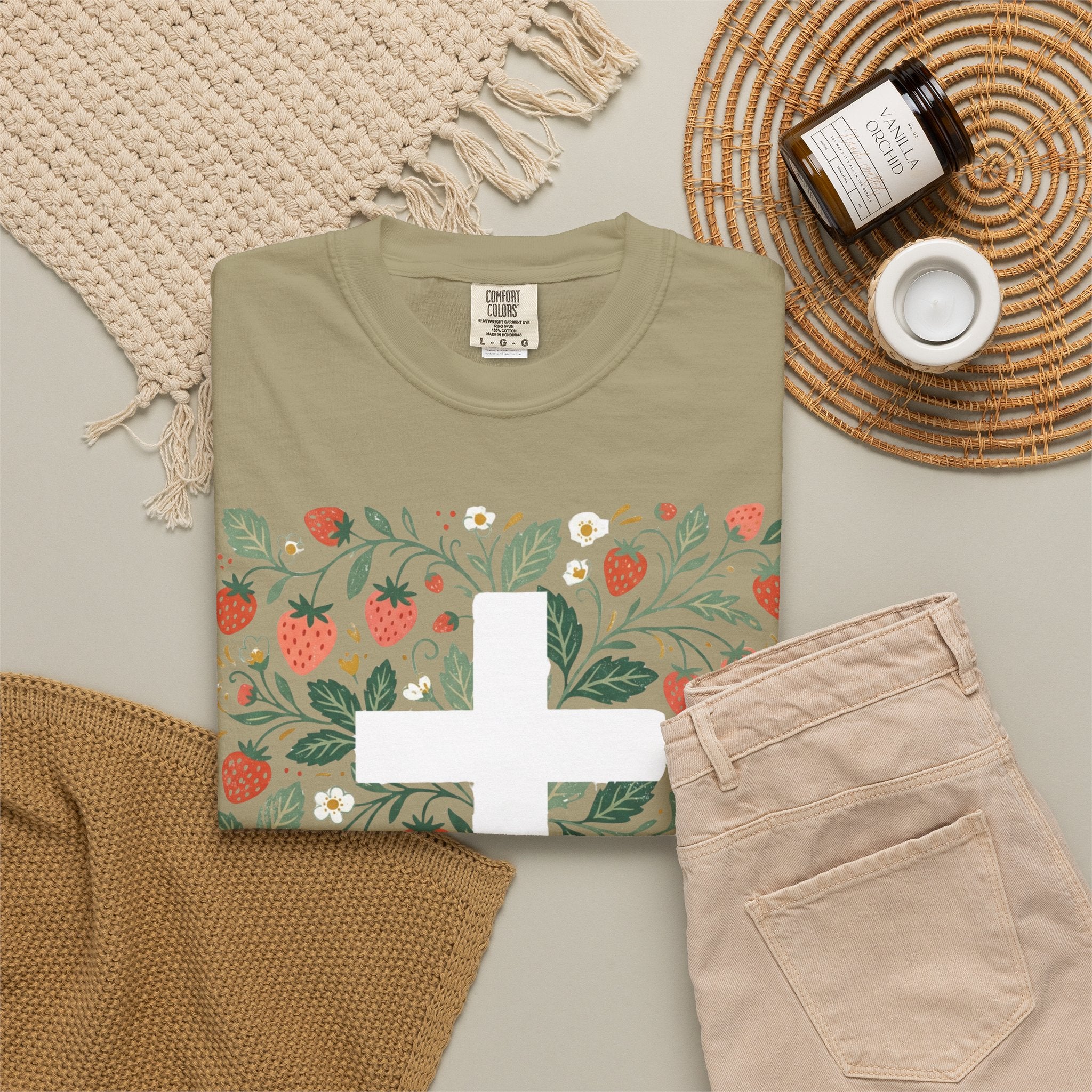Strawberry Floral Cross T-Shirt — Botanical Faith Graphic Tee