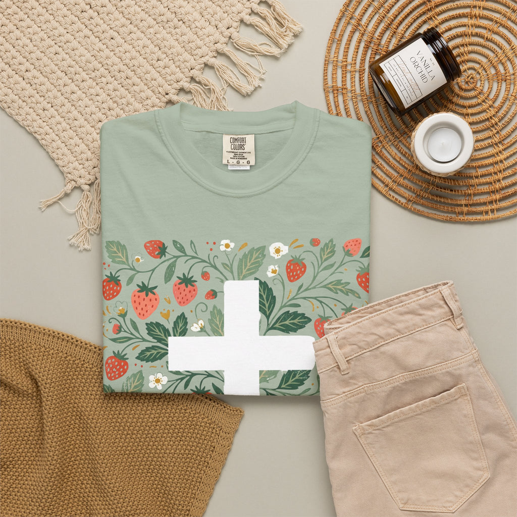 Strawberry Floral Cross T-Shirt — Botanical Faith Graphic Tee