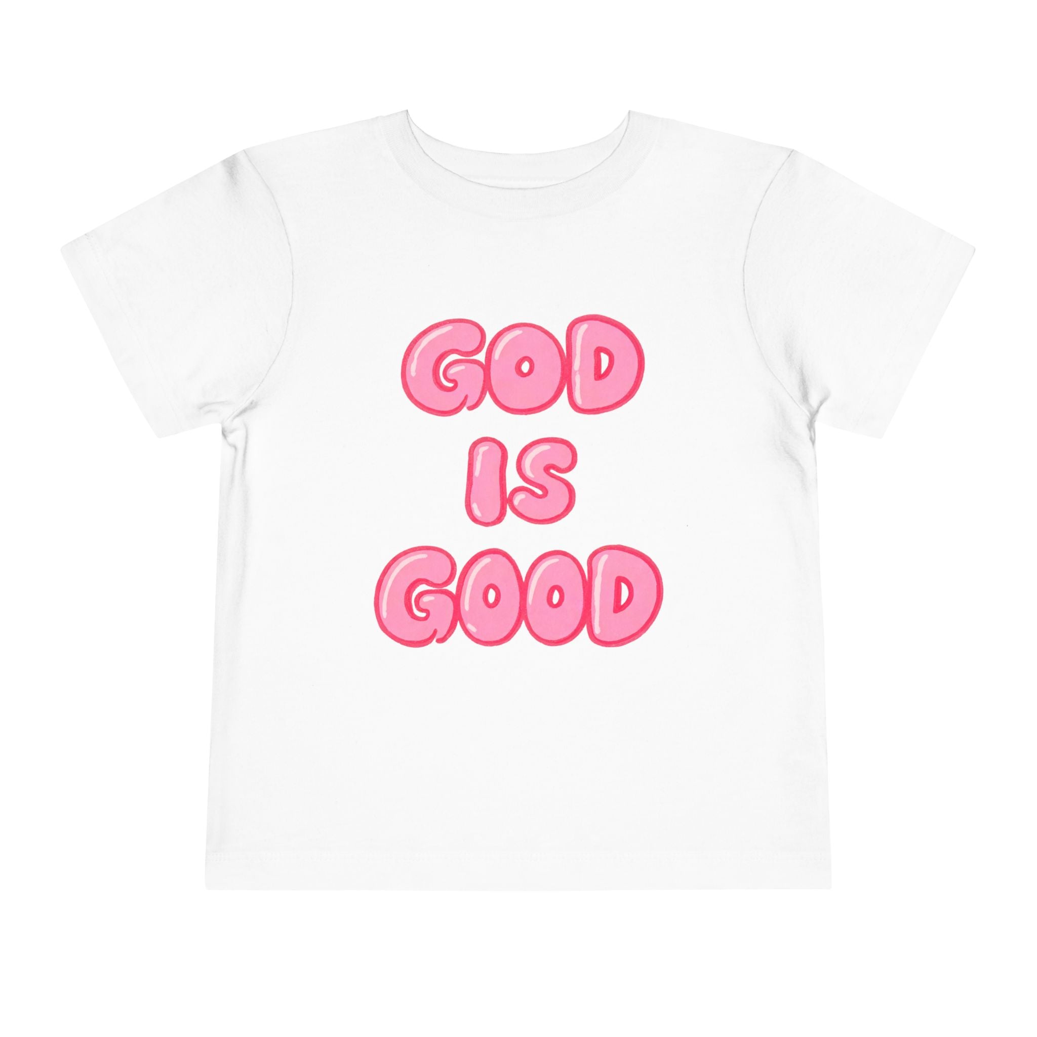 God Is Good Toddler Tee — Pink Bubble Letter Faith Shirt