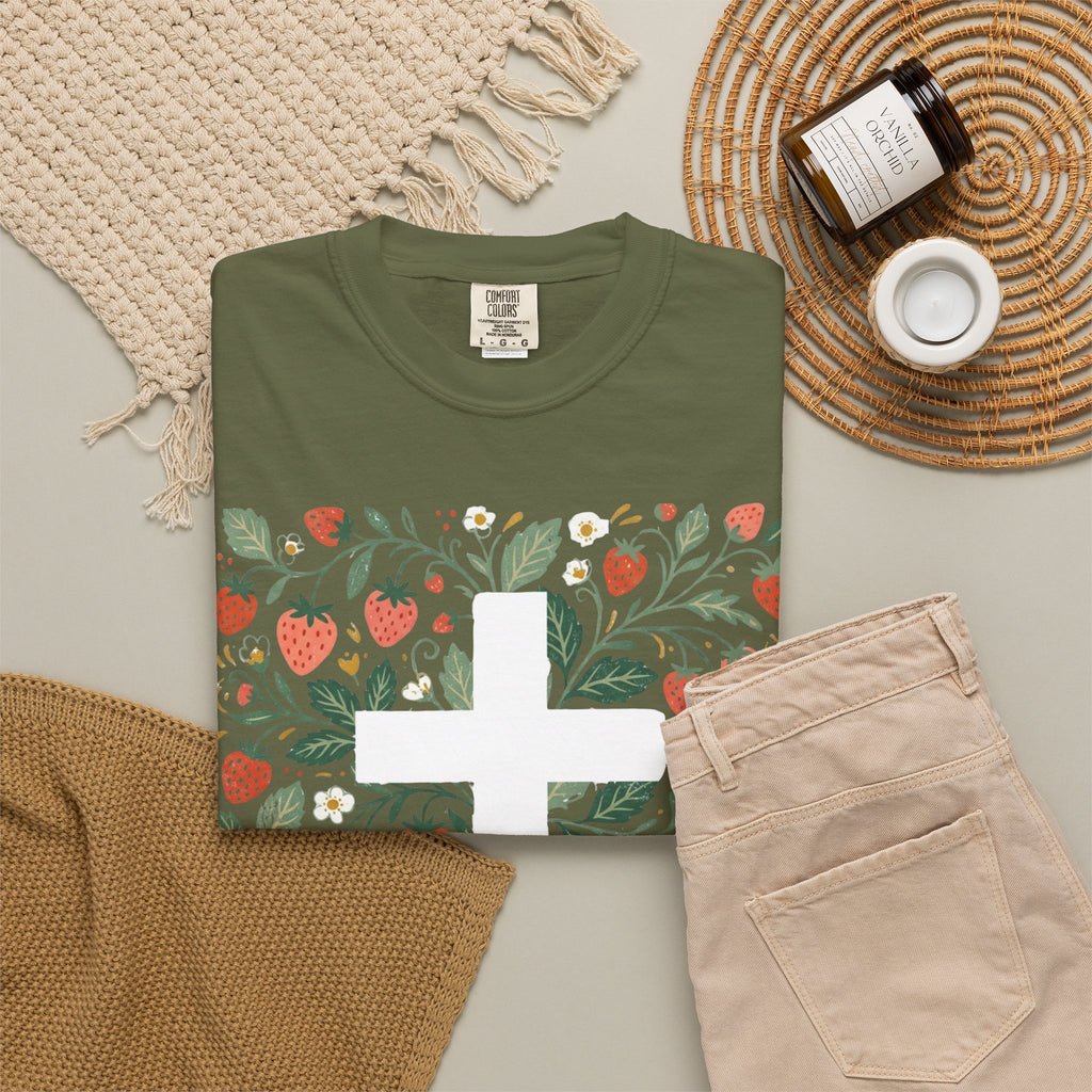 Strawberry Floral Cross T-Shirt — Botanical Faith Graphic Tee