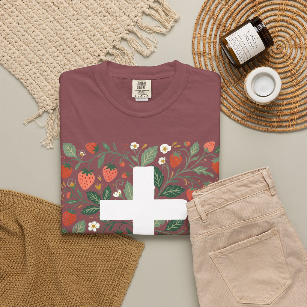 Strawberry Floral Cross T-Shirt — Botanical Faith Graphic Tee