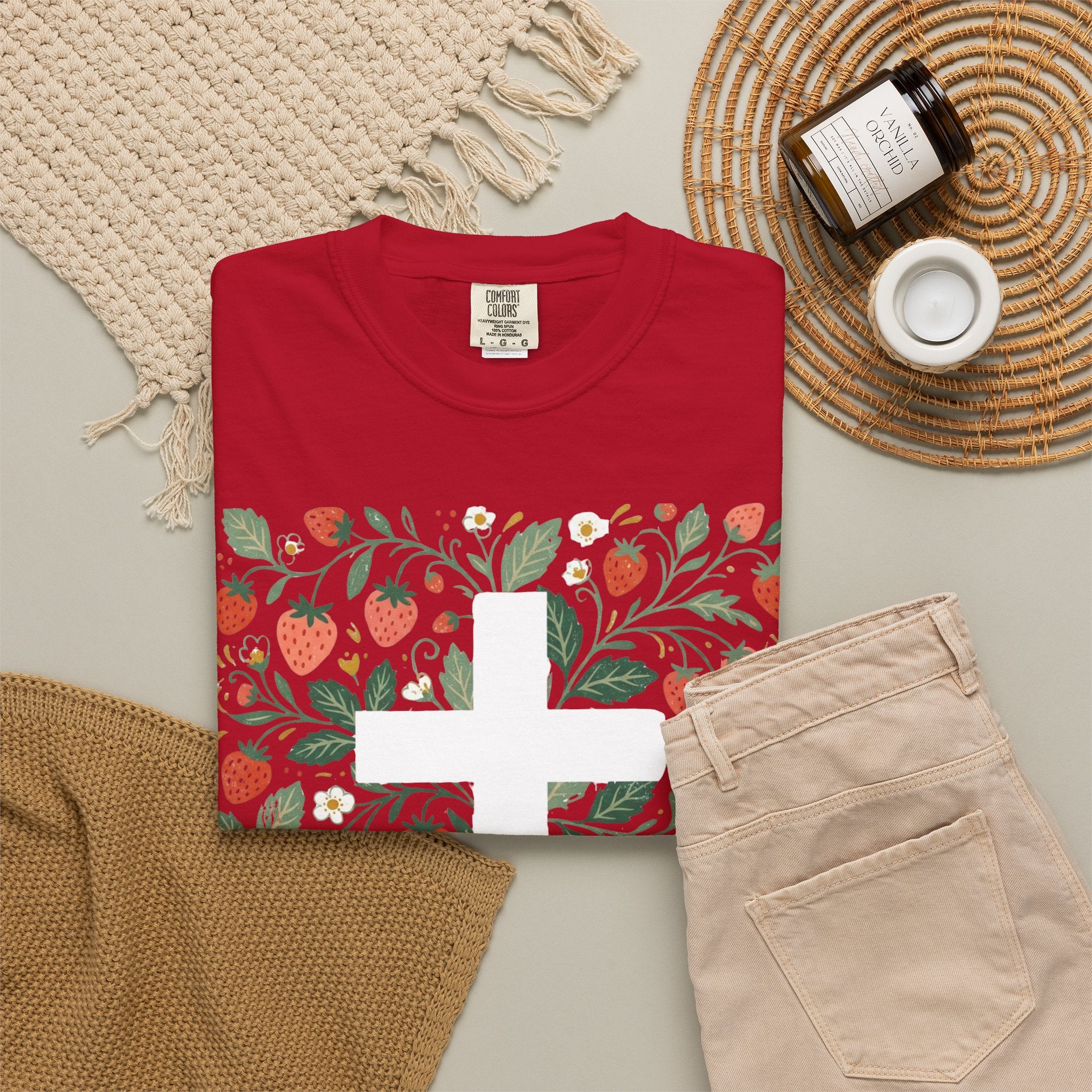 Strawberry Floral Cross T-Shirt — Botanical Faith Graphic Tee