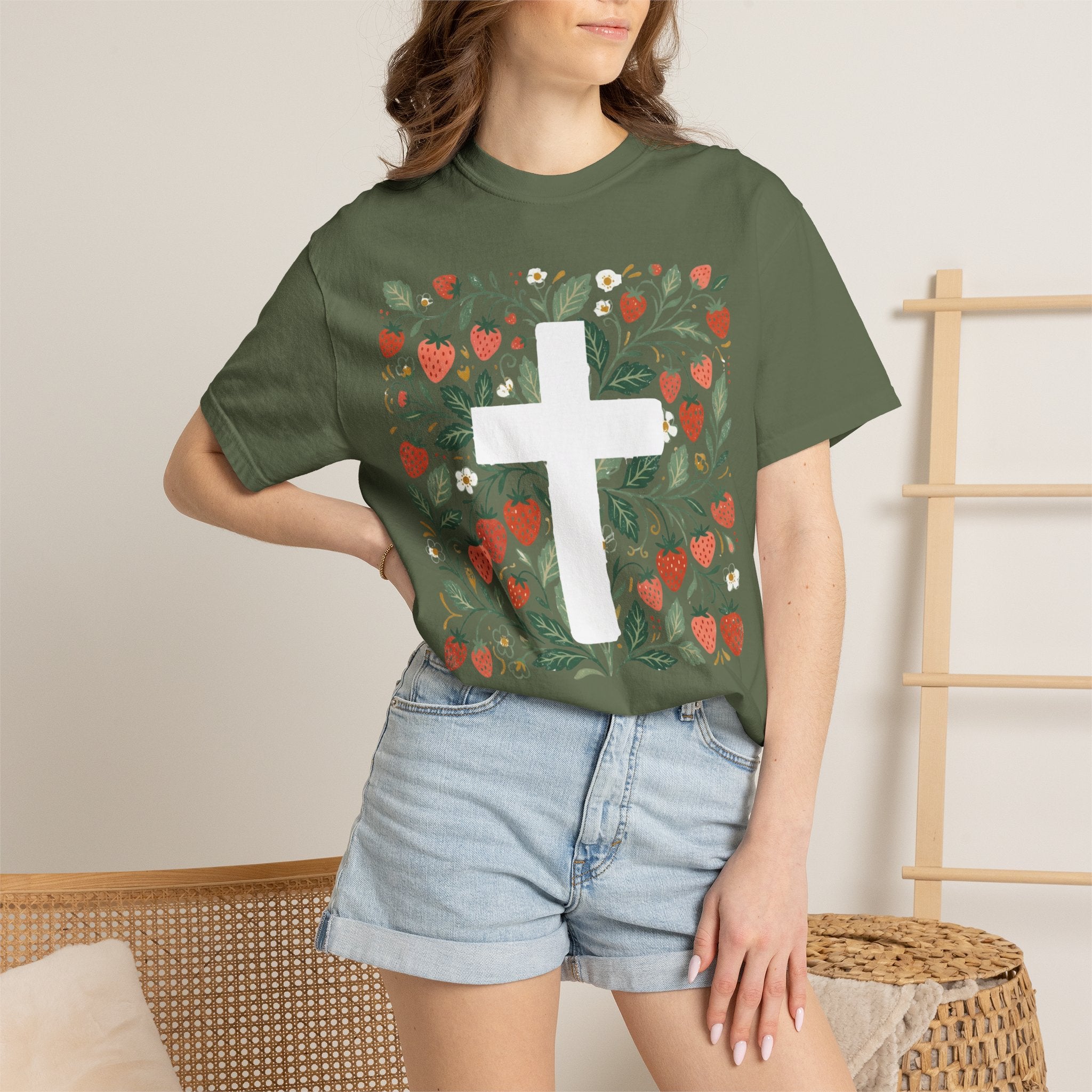 Strawberry Floral Cross T-Shirt — Botanical Faith Graphic Tee