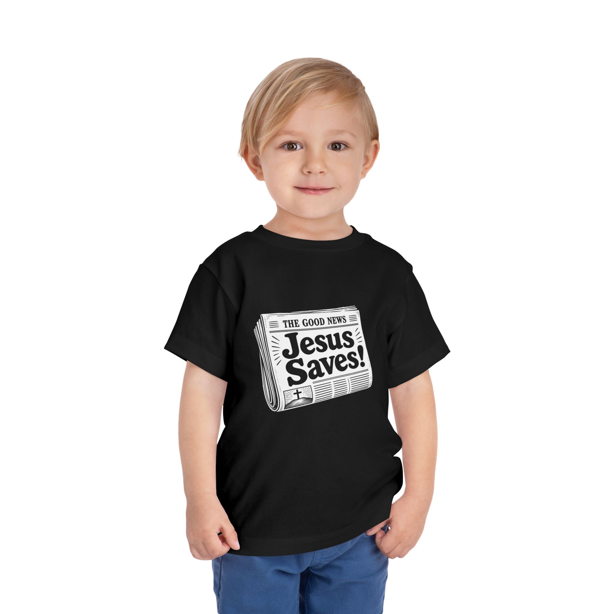 Toddler Tee — "Jesus Saves!" Newspaper Graphic Christian Kids Shirt