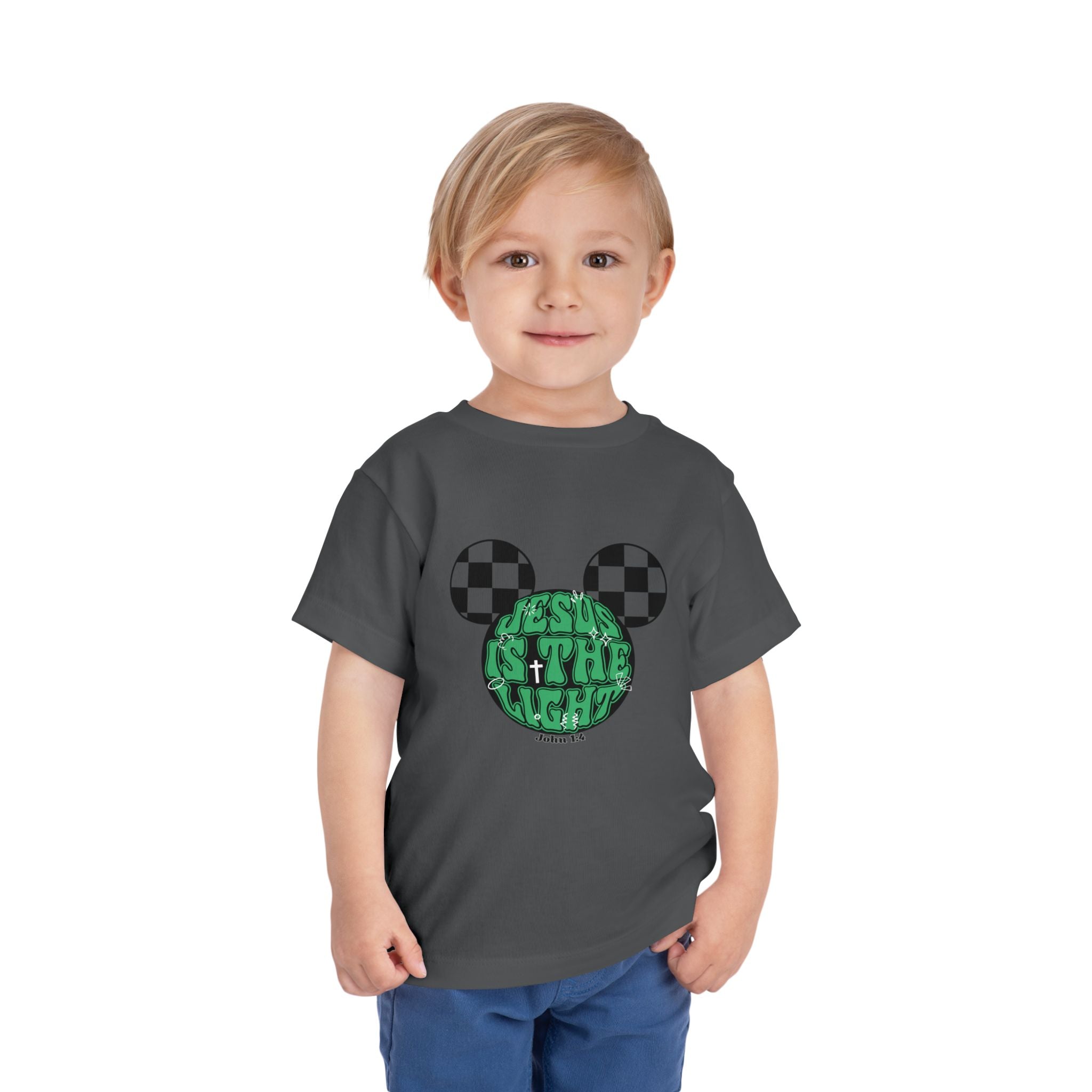 Toddler Tee — "Jesus Is The Light" Mickey Ear Graphic (Checkerboard)