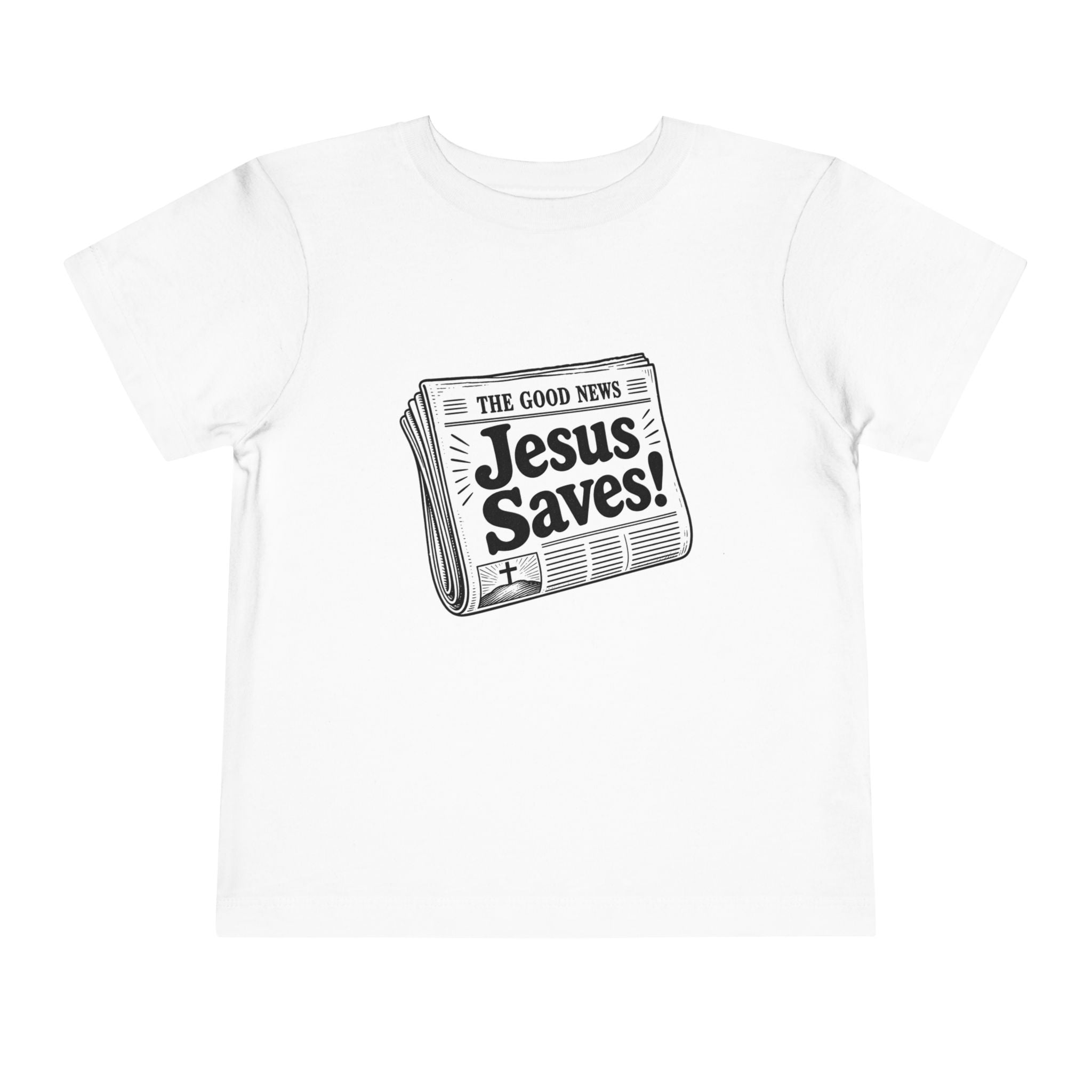 Toddler Tee — "Jesus Saves!" Newspaper Graphic Christian Kids Shirt