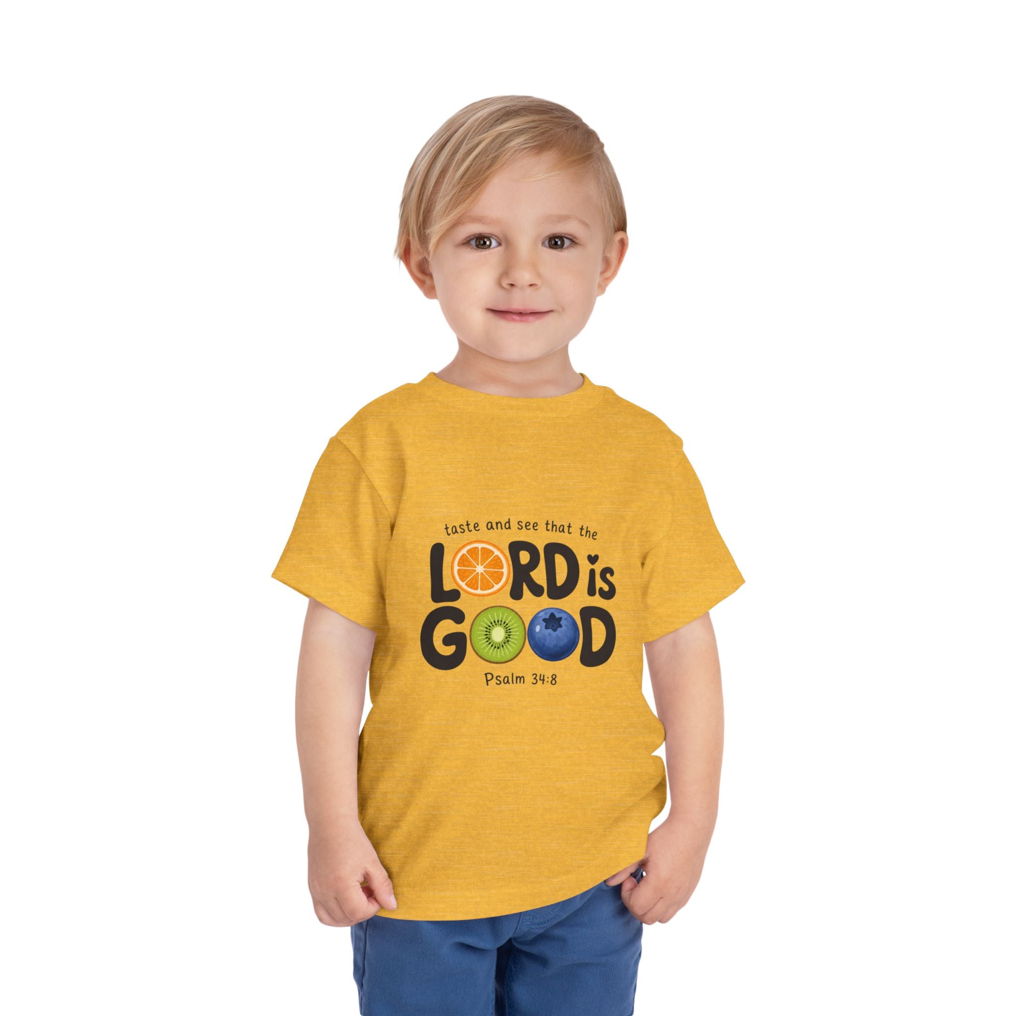 Toddler Tee - "The Lord is Good" Psalm 34:8 Christian Kids T-Shirt with Fruit Letters