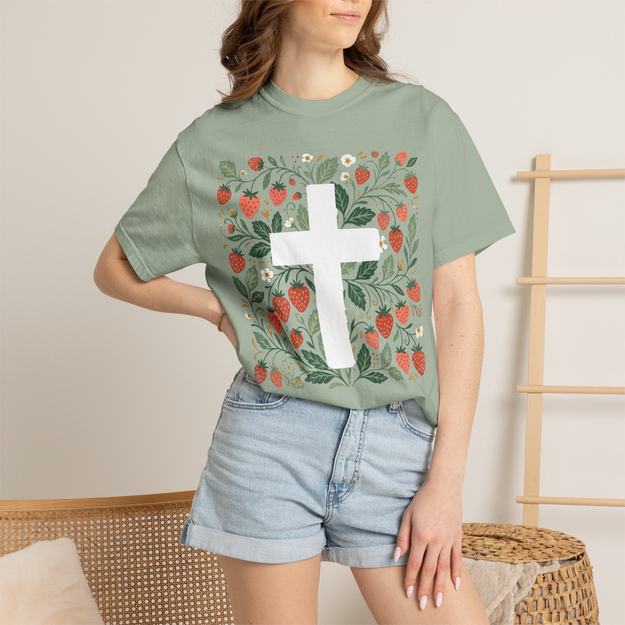 Strawberry Floral Cross T-Shirt — Botanical Faith Graphic Tee