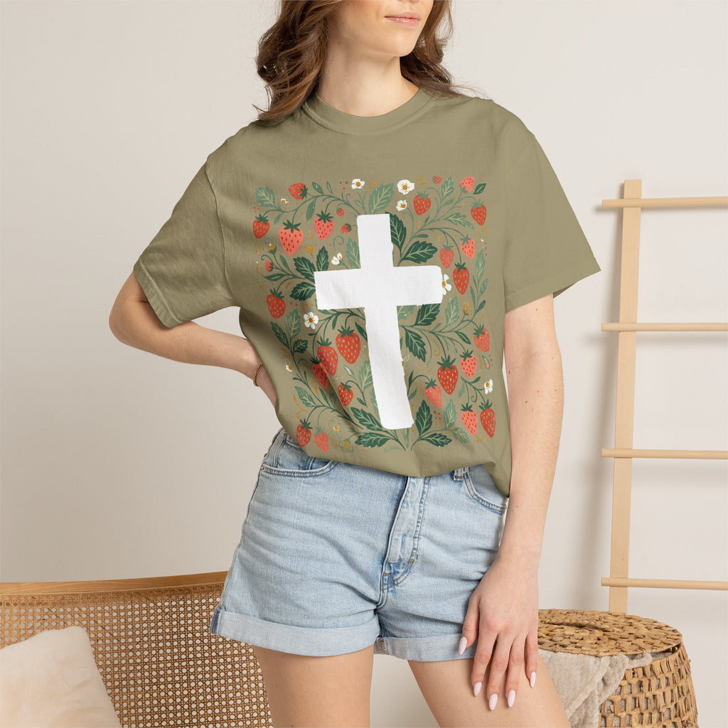 Strawberry Floral Cross T-Shirt — Botanical Faith Graphic Tee