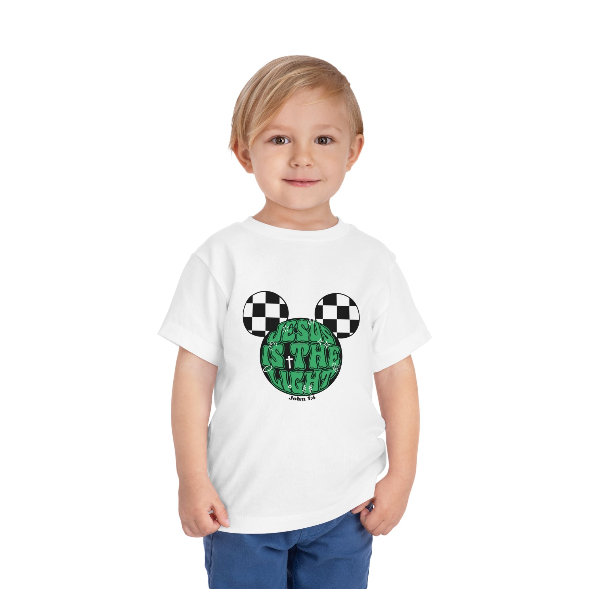 Toddler Tee — "Jesus Is The Light" Mickey Ear Graphic (Checkerboard)
