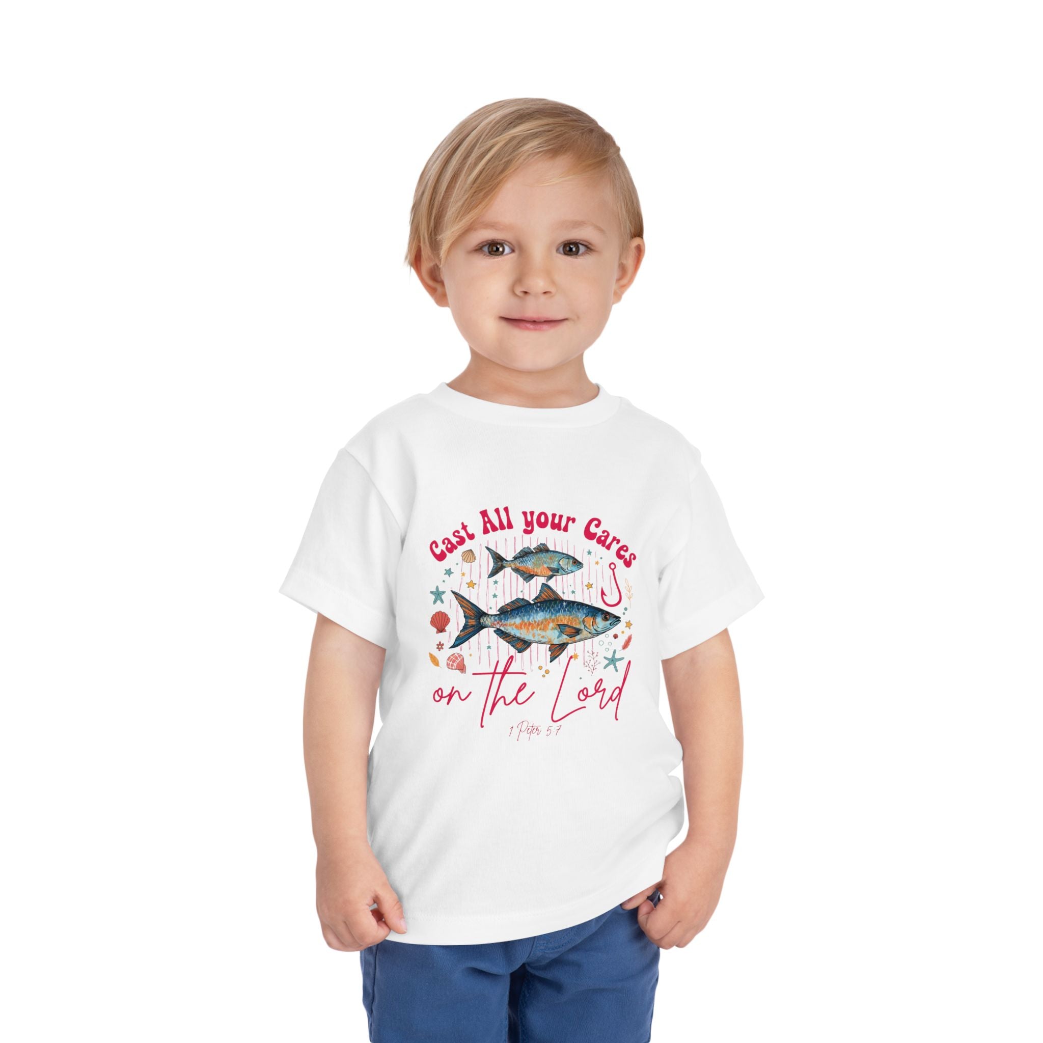 Toddler Tee — "Cast All Your Cares on the Lord" Fish Faith Graphic