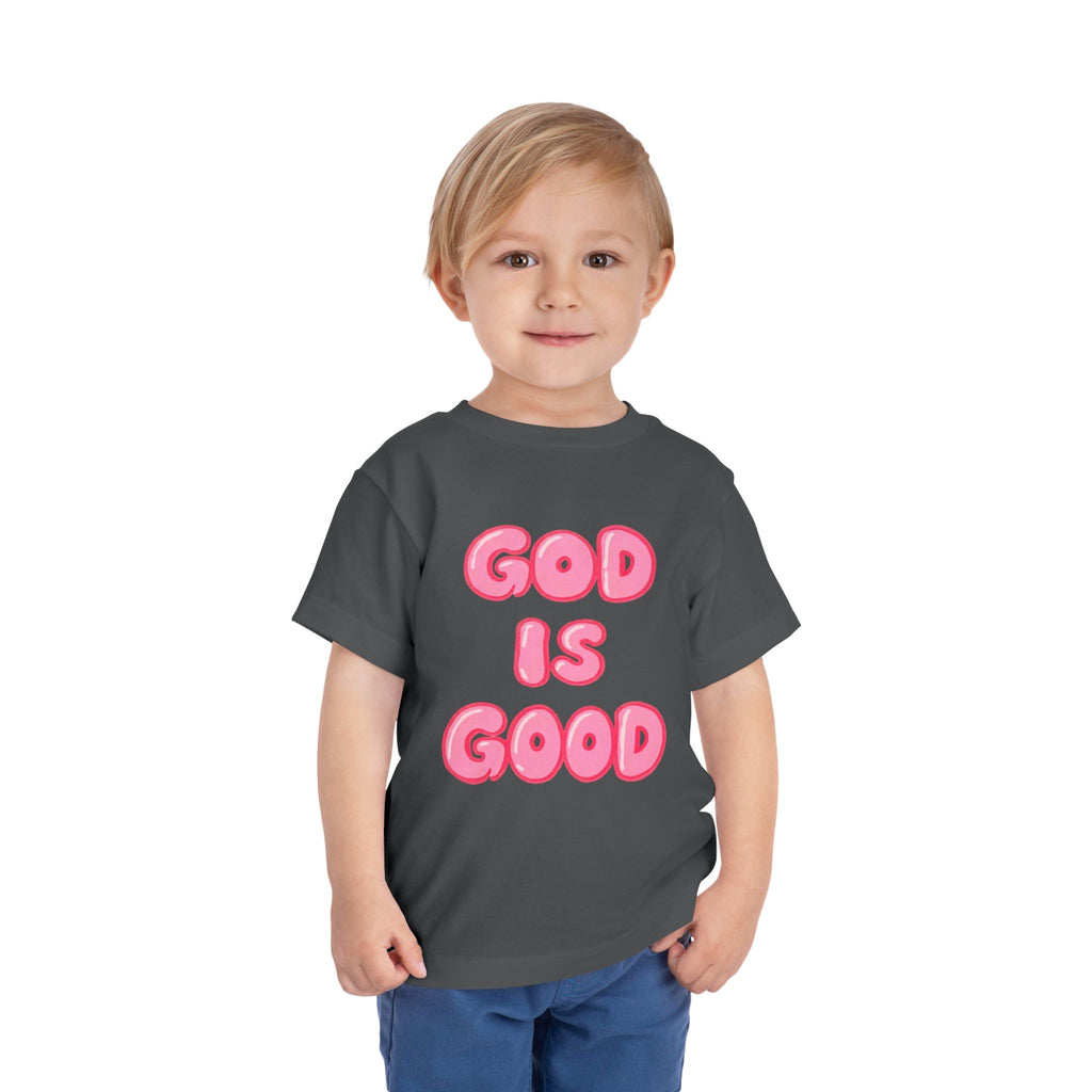 God Is Good Toddler Tee — Pink Bubble Letter Faith Shirt