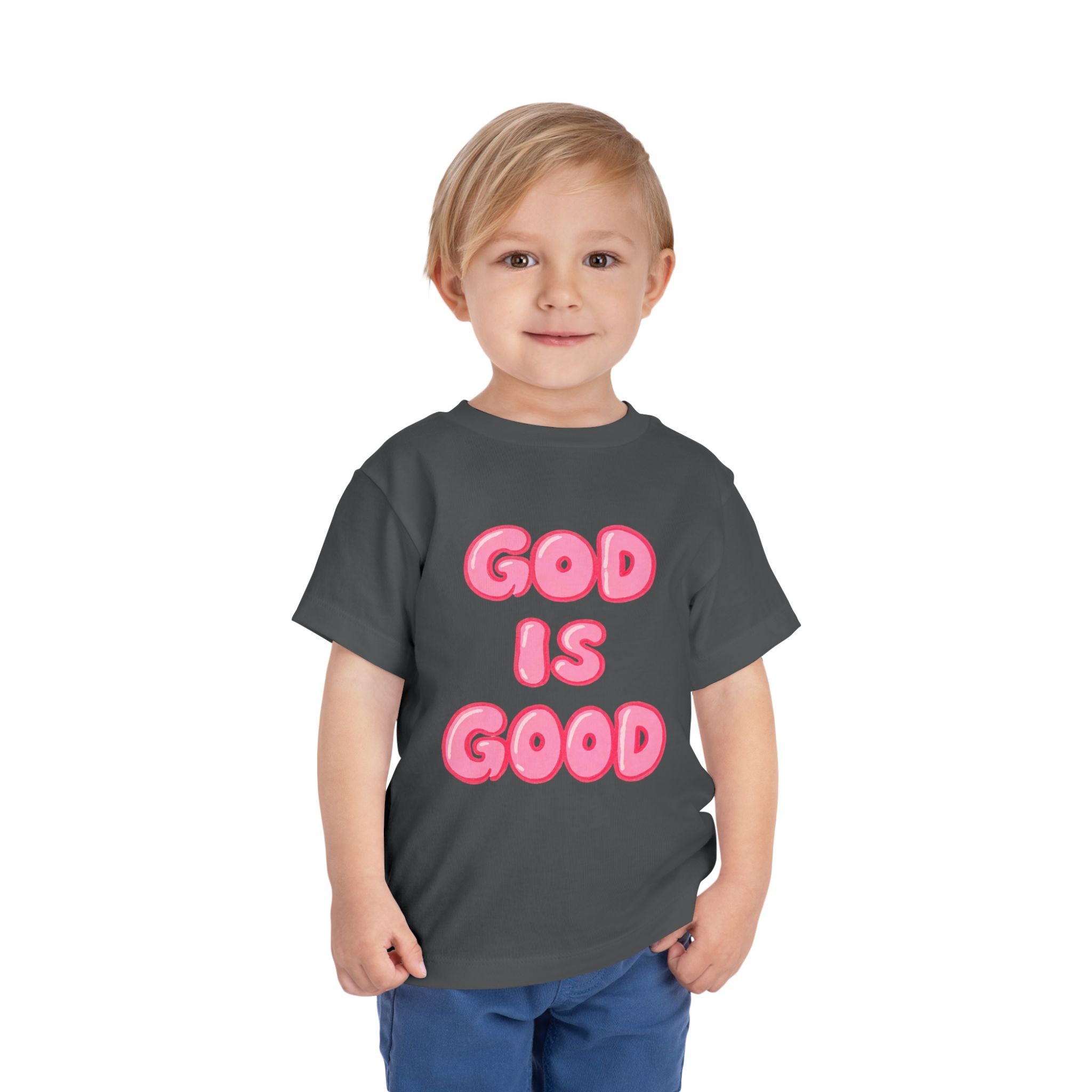 God Is Good Toddler Tee — Pink Bubble Letter Faith Shirt