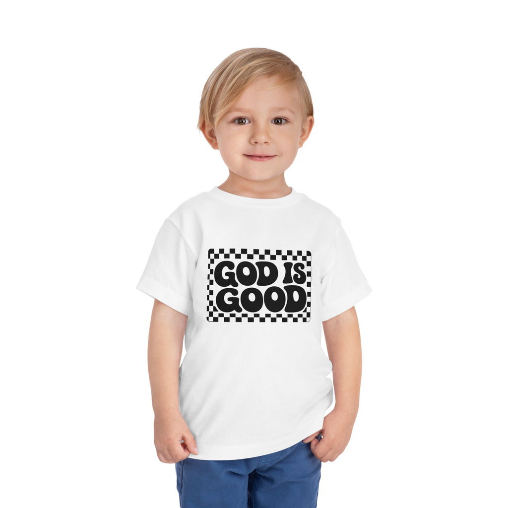 Toddler Tee — "God Is Good" Checkerboard Christian Kids Shirt