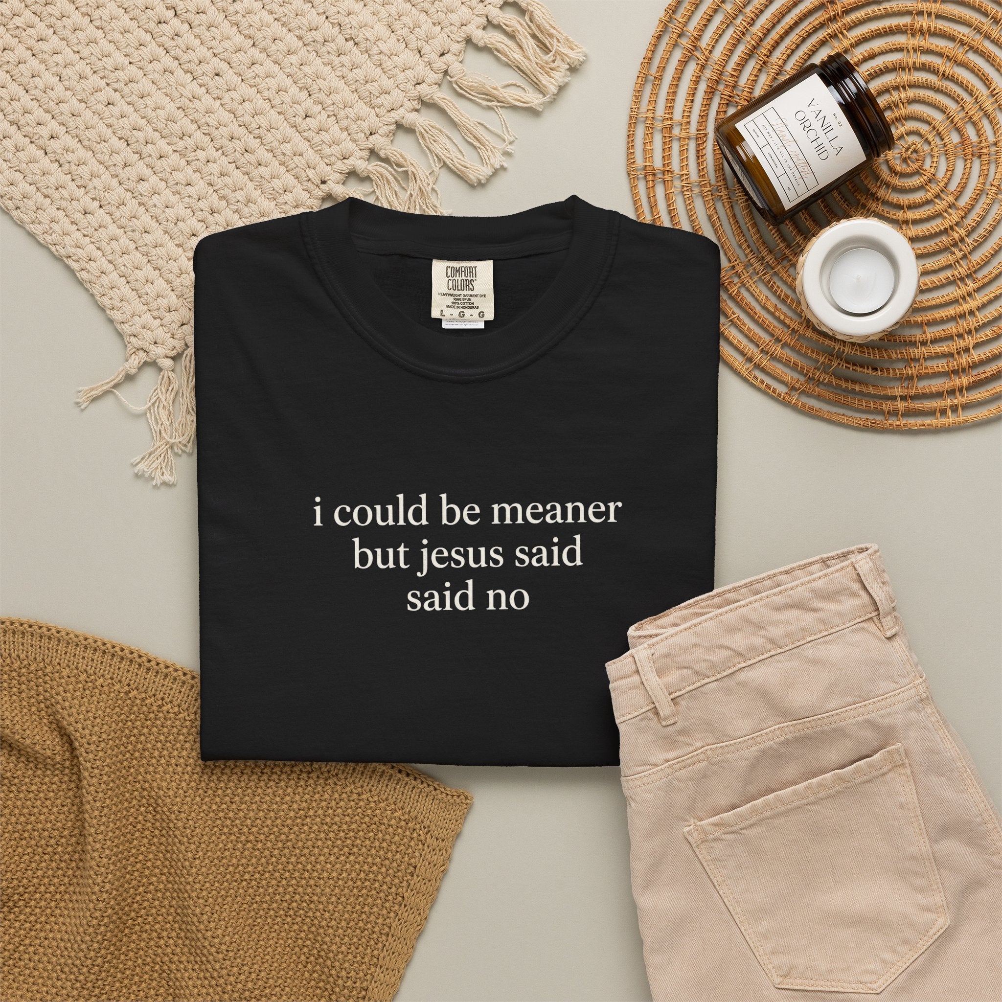 Christian Graphic Tee — "I Could Be Meaner But Jesus Said No" Short Sleeve Shirt