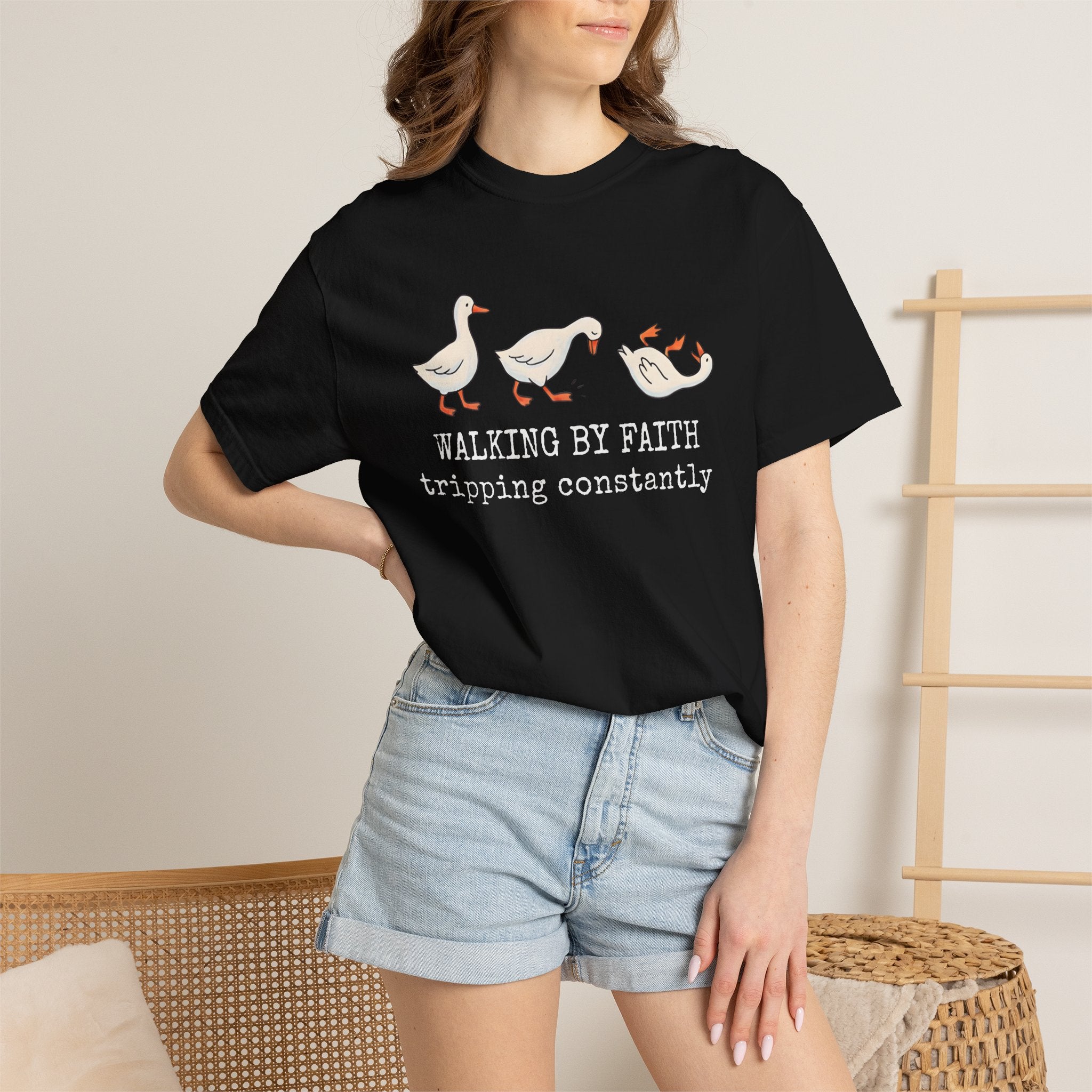Walking by Faith Tee — Cute Goose Family "Walking by Faith, tripping constantly" Christian Graphic Shirt