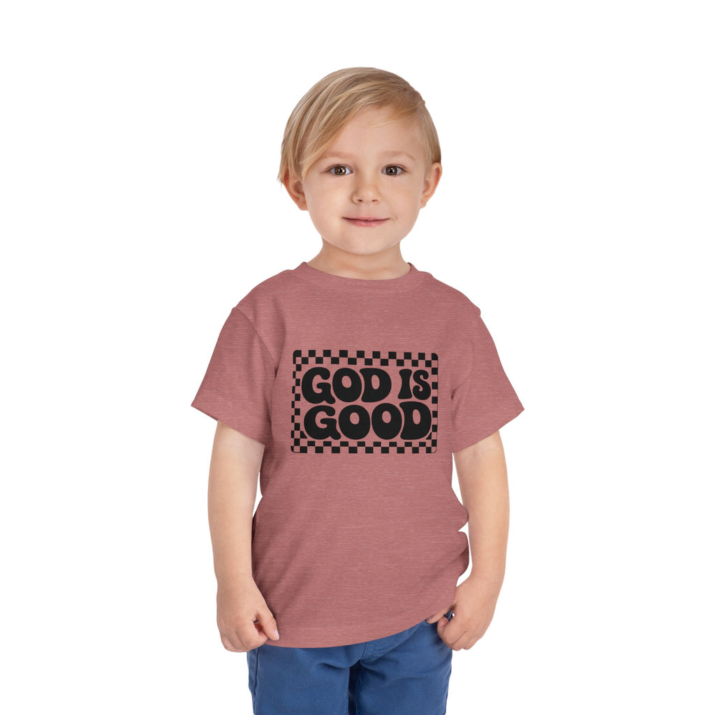 Toddler Tee — "God Is Good" Checkerboard Christian Kids Shirt