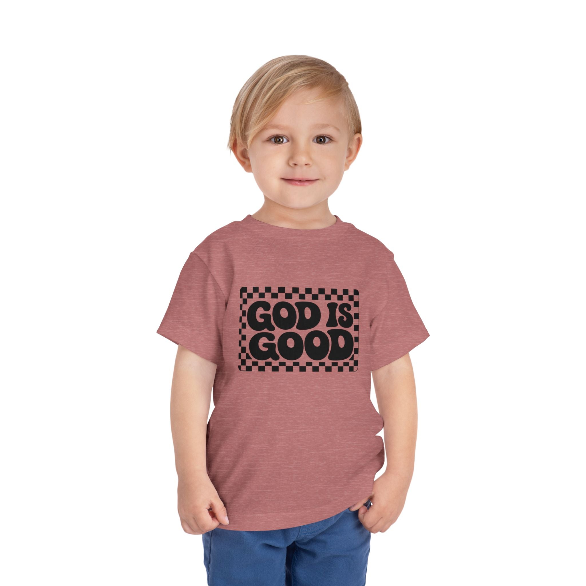Toddler Tee — "God Is Good" Checkerboard Christian Kids Shirt
