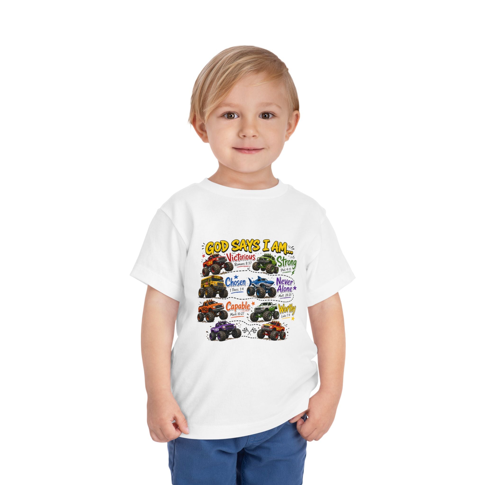 Toddler Tee — "God Says I Am" Monster Truck Inspirational Shirt