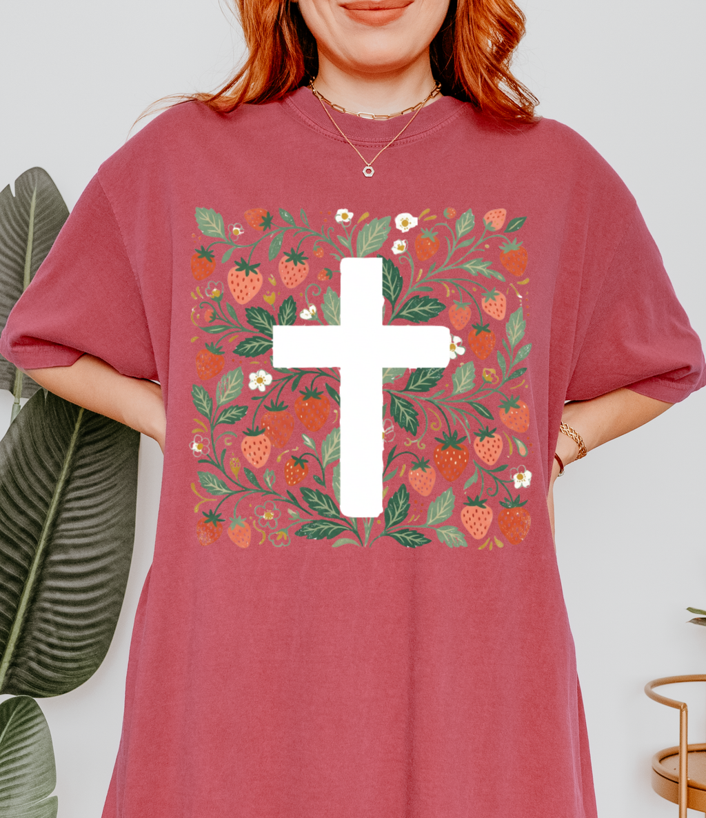 Strawberry Floral Cross T-Shirt — Botanical Faith Graphic Tee