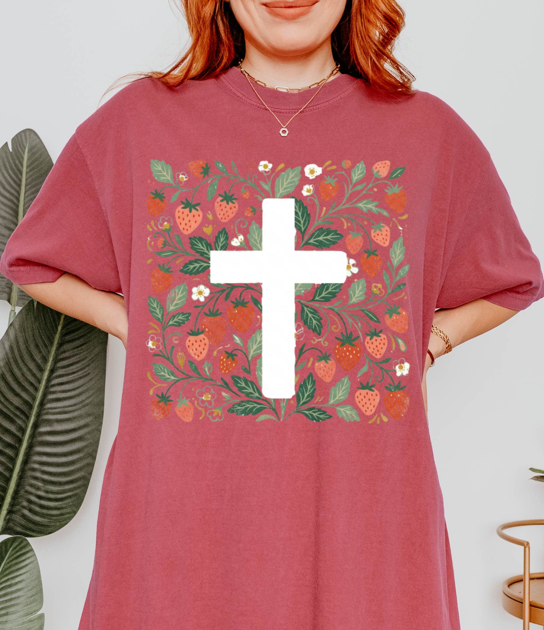 Strawberry Floral Cross T-Shirt — Botanical Faith Graphic Tee