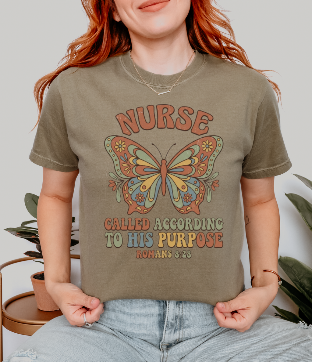 Nurse Butterfly Tee — "Called According to His Purpose" Christian Nursing T‑Shirt