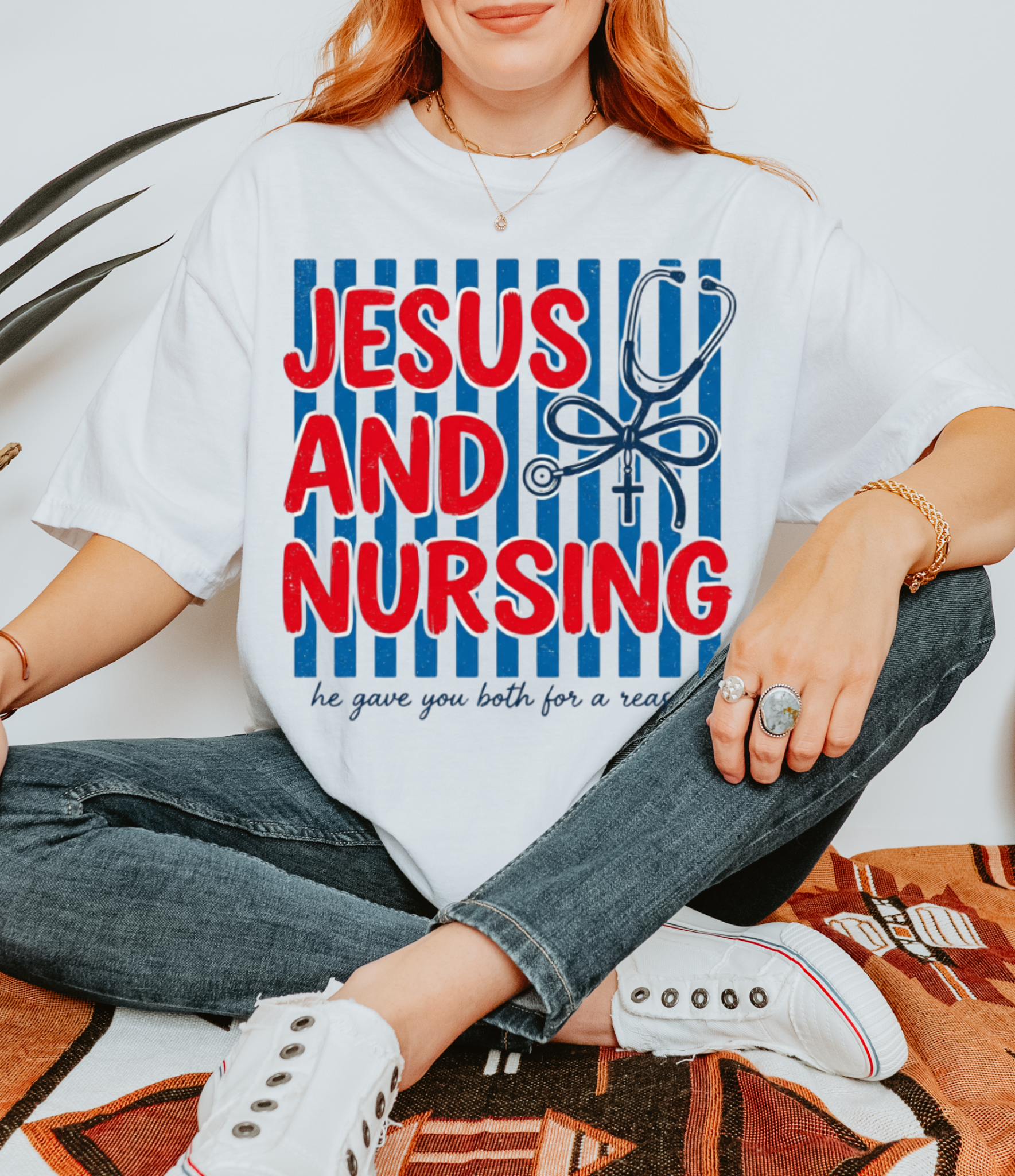 Jesus and Nursing Tee — Faith-Based Nurse T-Shirt ("He Gave You Both For A Reason")