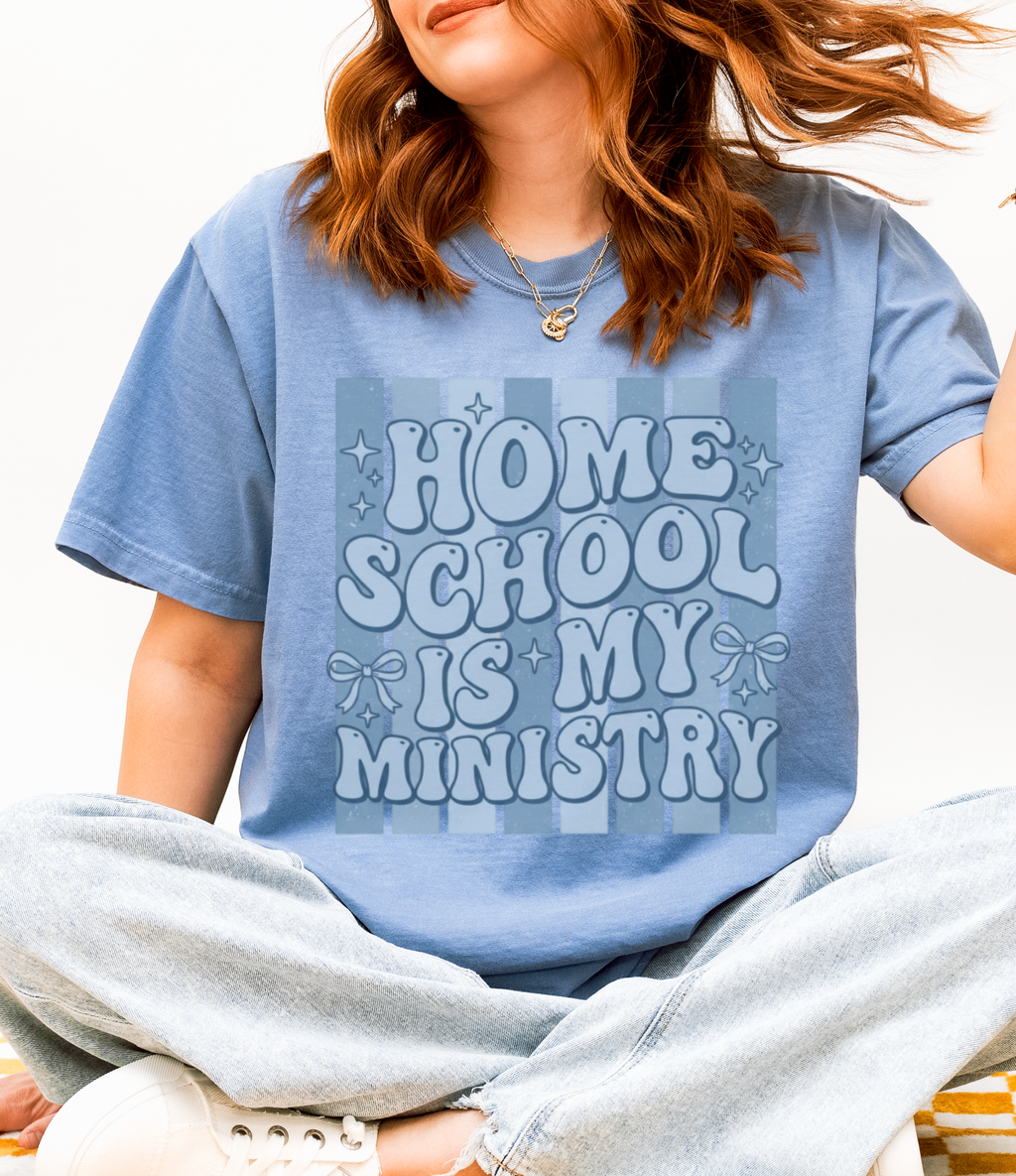 Homeschool Is My Ministry T-Shirt — Retro Blue Striped Homeschooling Mom & Teacher Tee