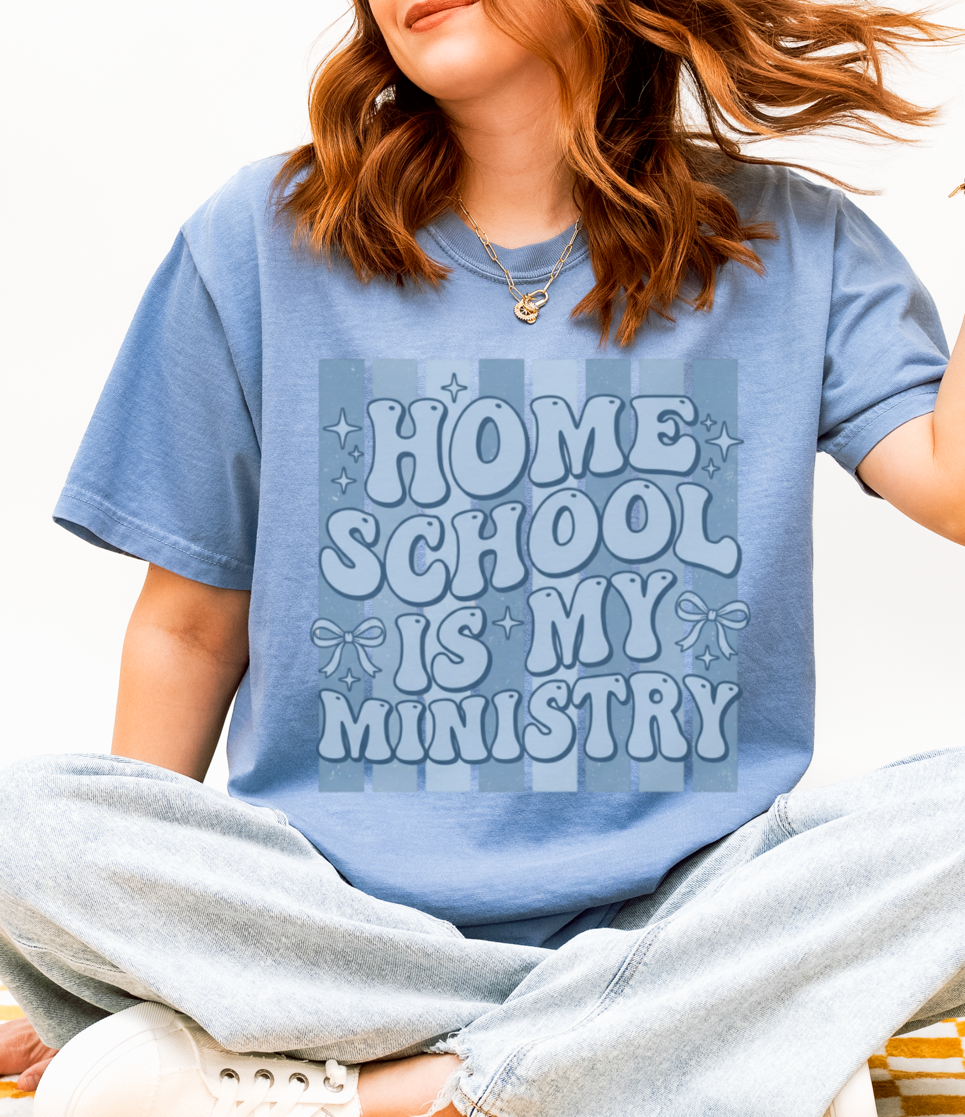 Homeschool Is My Ministry T-Shirt — Retro Blue Striped Homeschooling Mom & Teacher Tee