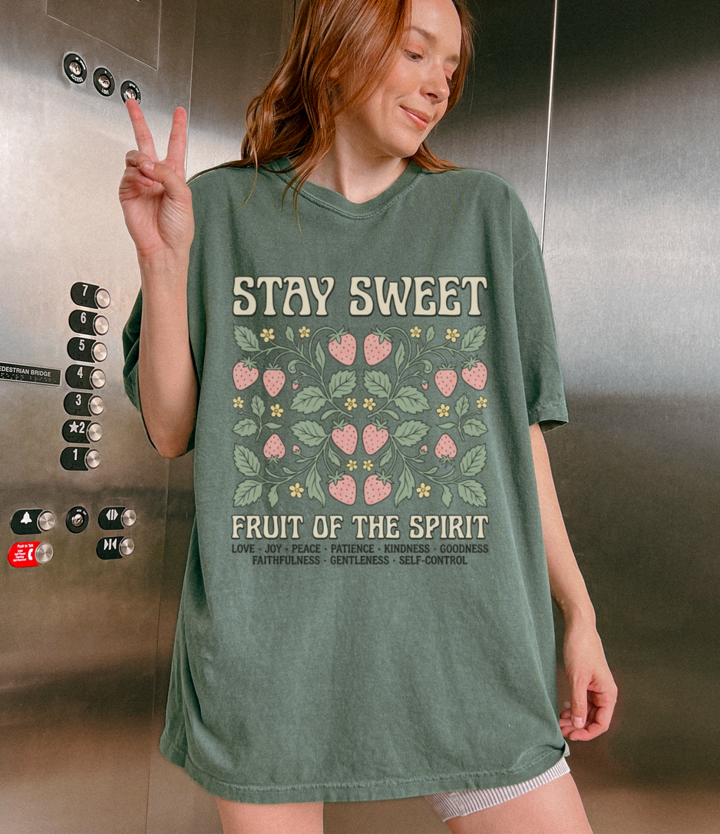 Stay Sweet Fruit of the Spirit Tee — Retro Strawberry Floral Christian Faith Shirt