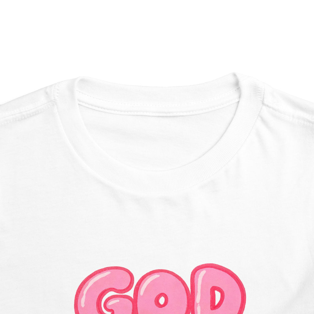 God Is Good Toddler Tee — Pink Bubble Letter Faith Shirt