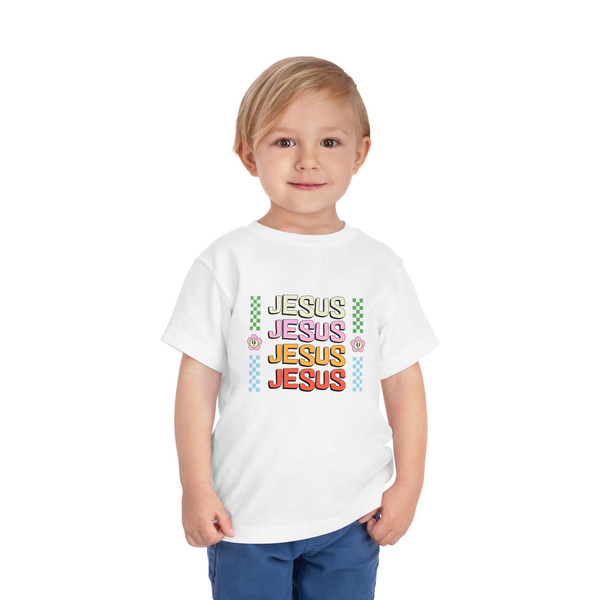 Kids "Jesus" Retro Rainbow Tee — Toddler Christian Shirt