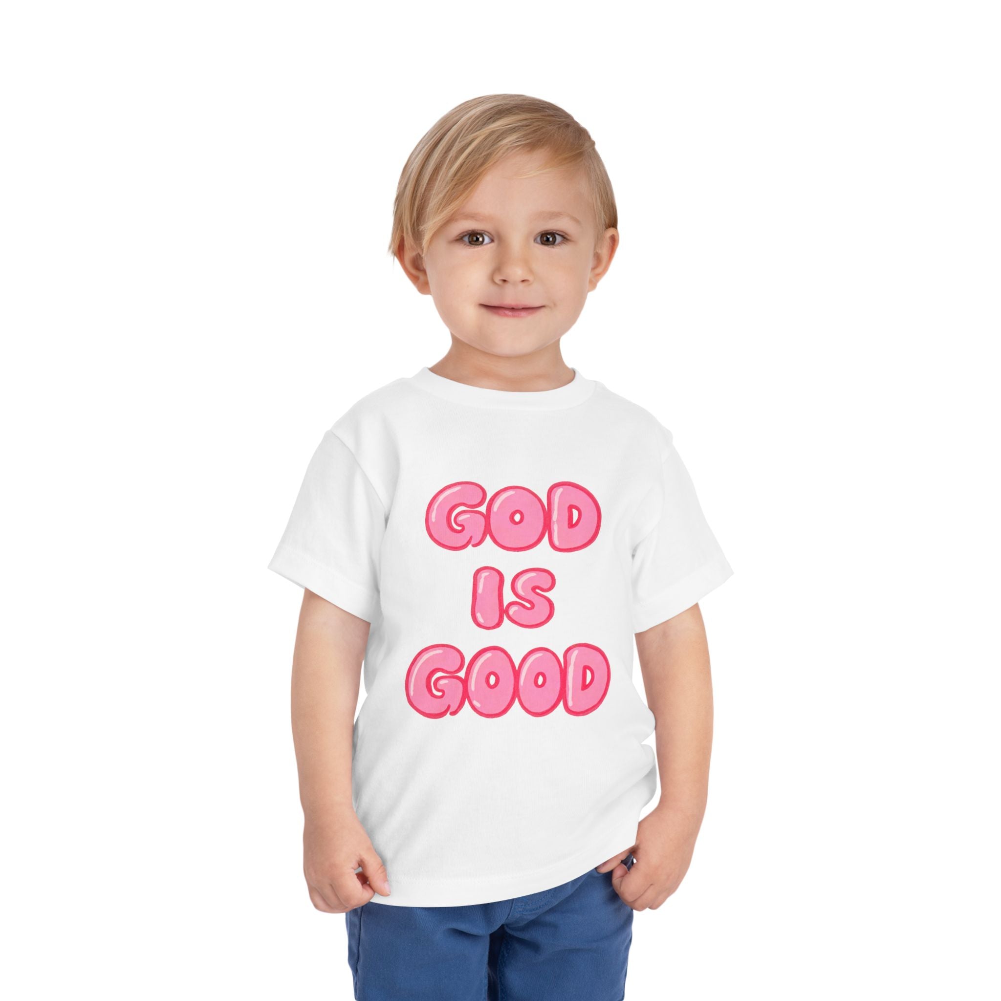 God Is Good Toddler Tee — Pink Bubble Letter Faith Shirt