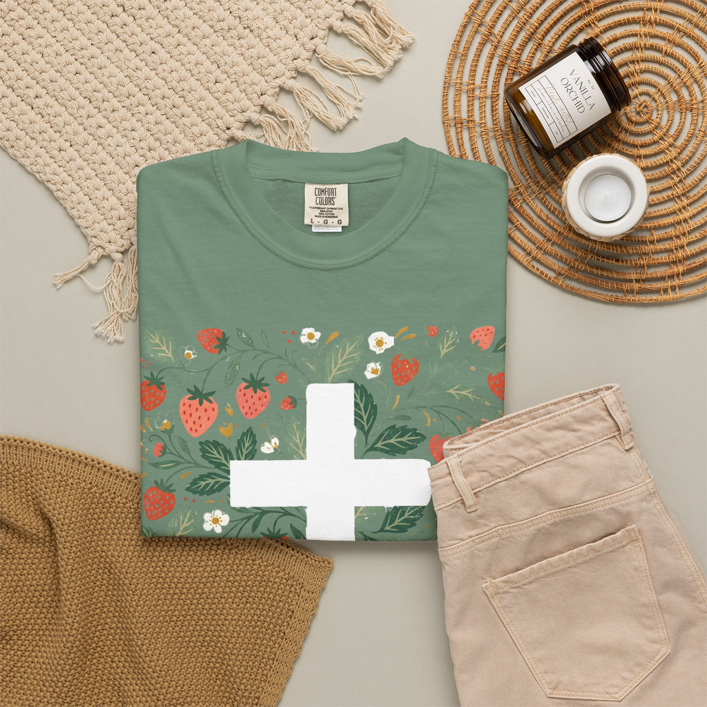 Strawberry Floral Cross T-Shirt — Botanical Faith Graphic Tee