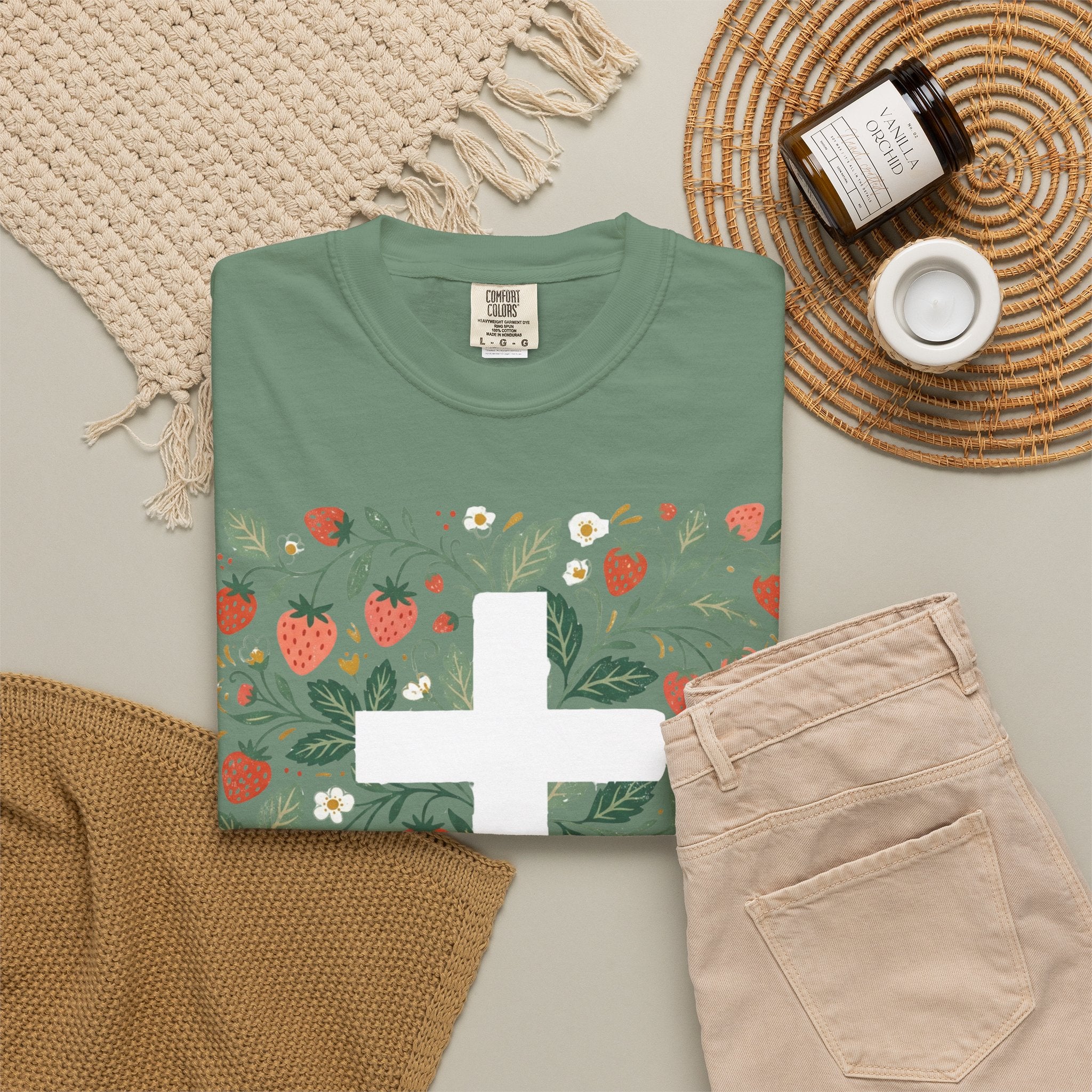 Strawberry Floral Cross T-Shirt — Botanical Faith Graphic Tee