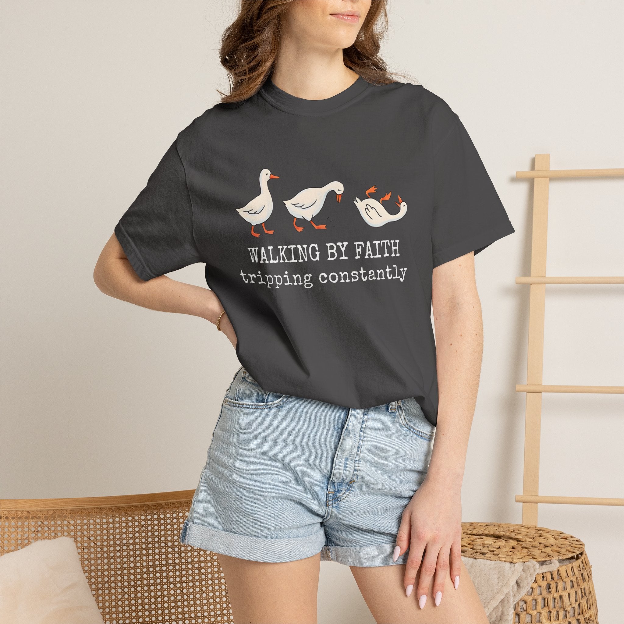 Walking by Faith Tee — Cute Goose Family "Walking by Faith, tripping constantly" Christian Graphic Shirt