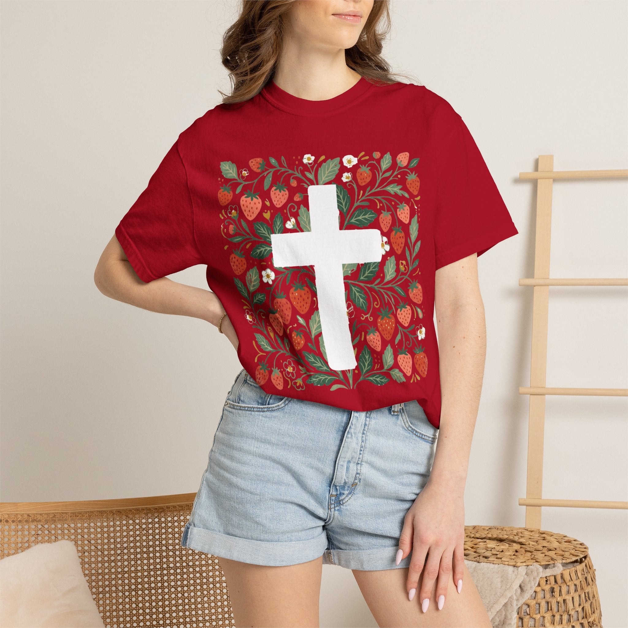 Strawberry Floral Cross T-Shirt — Botanical Faith Graphic Tee
