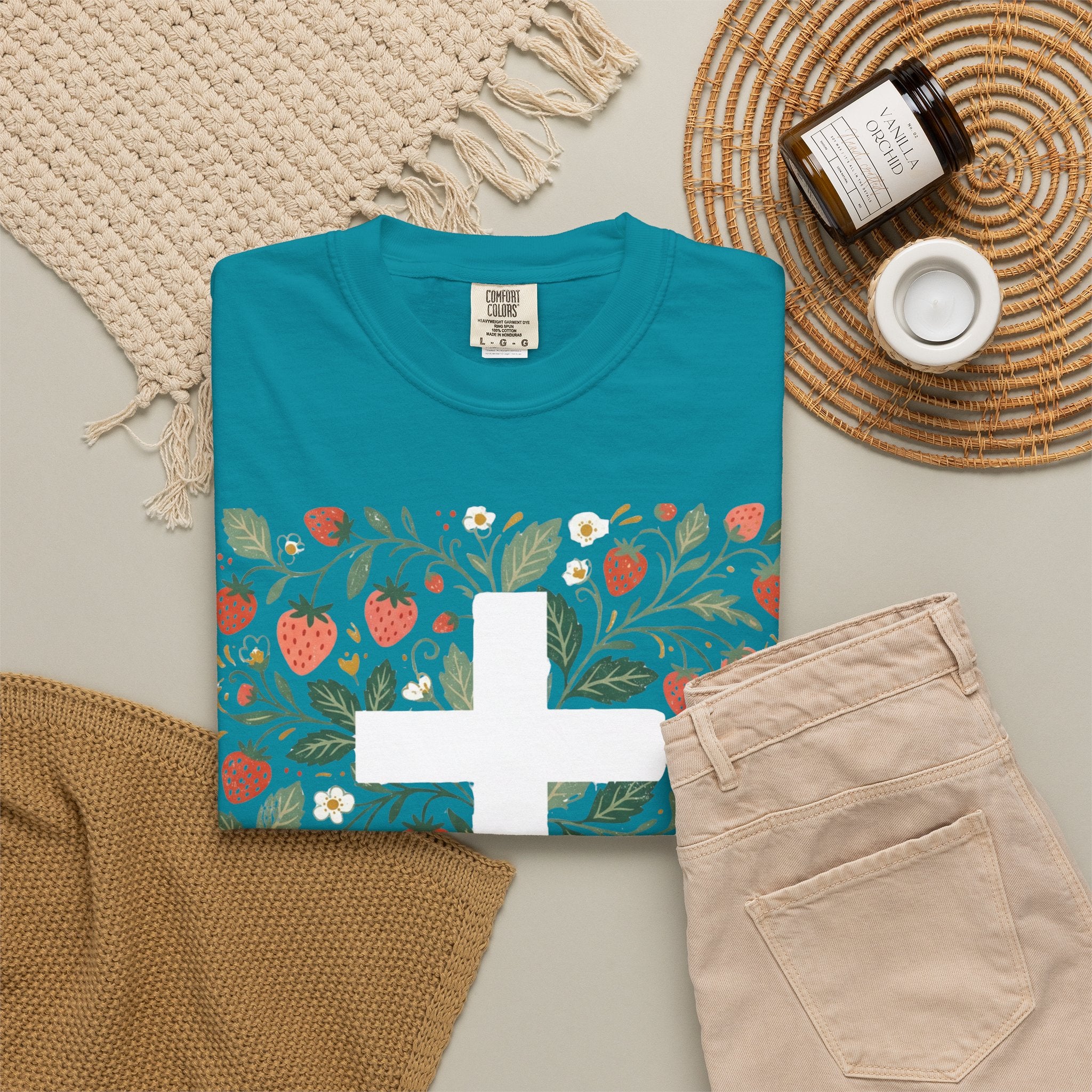 Strawberry Floral Cross T-Shirt — Botanical Faith Graphic Tee