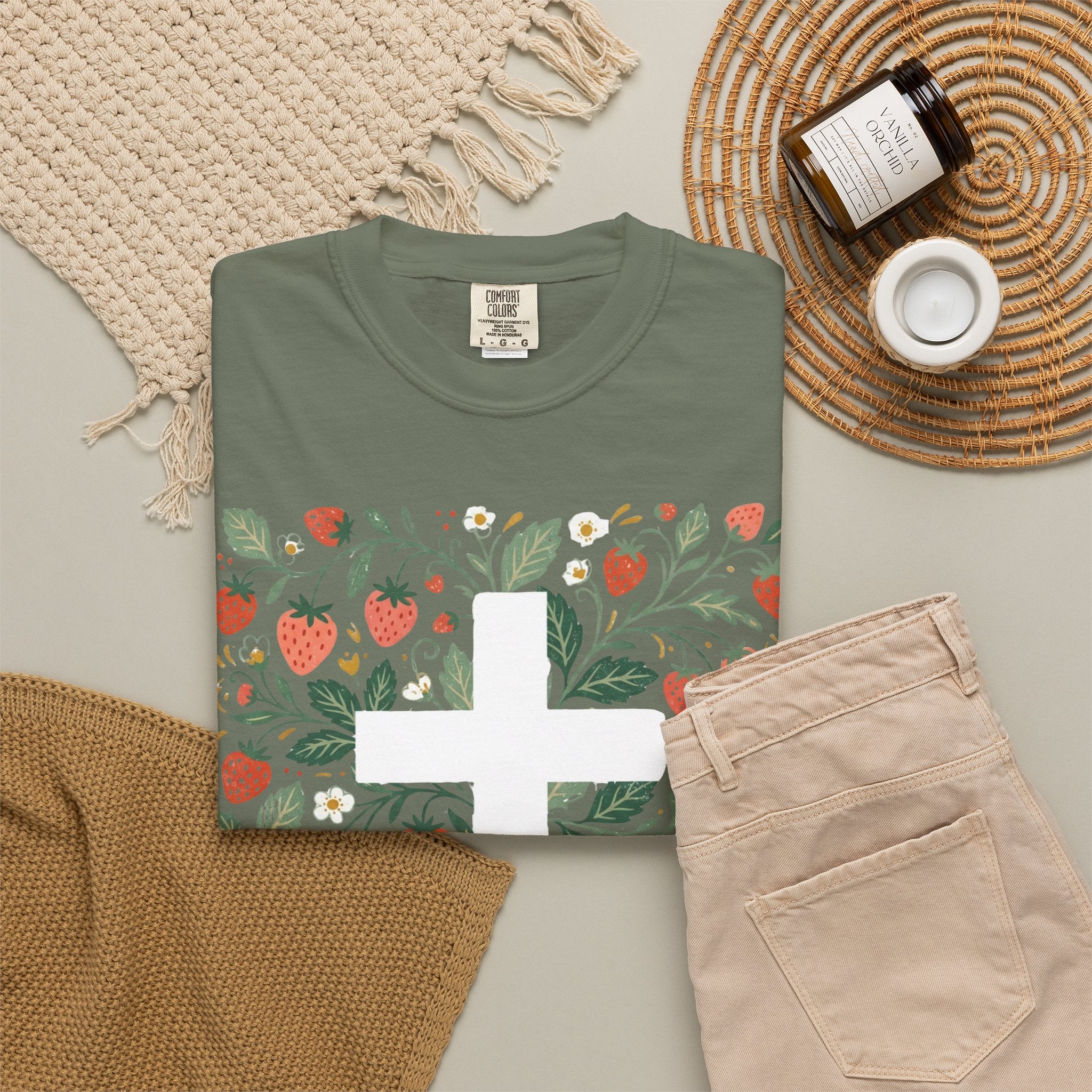 Strawberry Floral Cross T-Shirt — Botanical Faith Graphic Tee