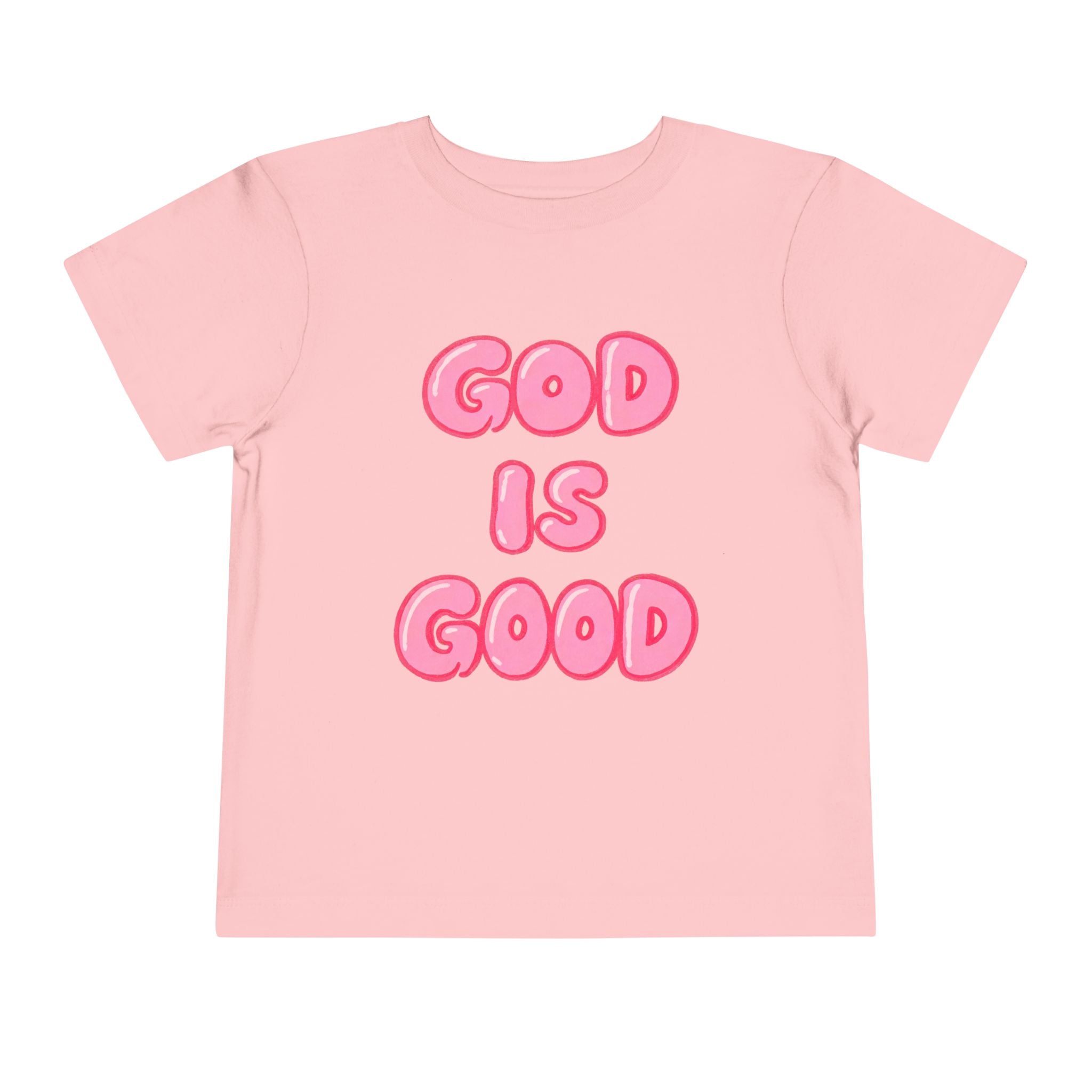 God Is Good Toddler Tee — Pink Bubble Letter Faith Shirt