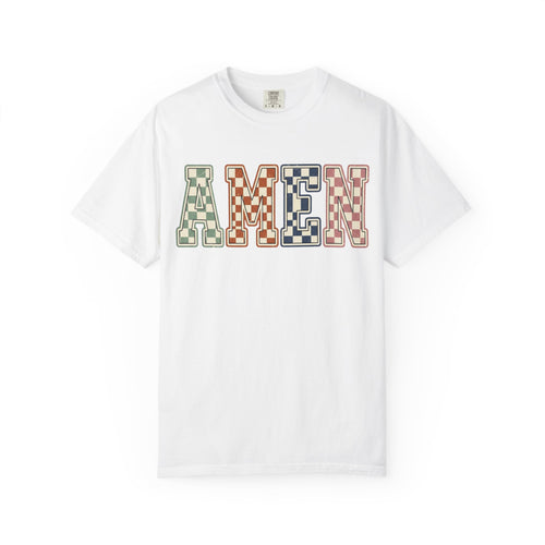 Amen Graphic Tee - Retro Checkerboard Lettering Christian T‑Shirt