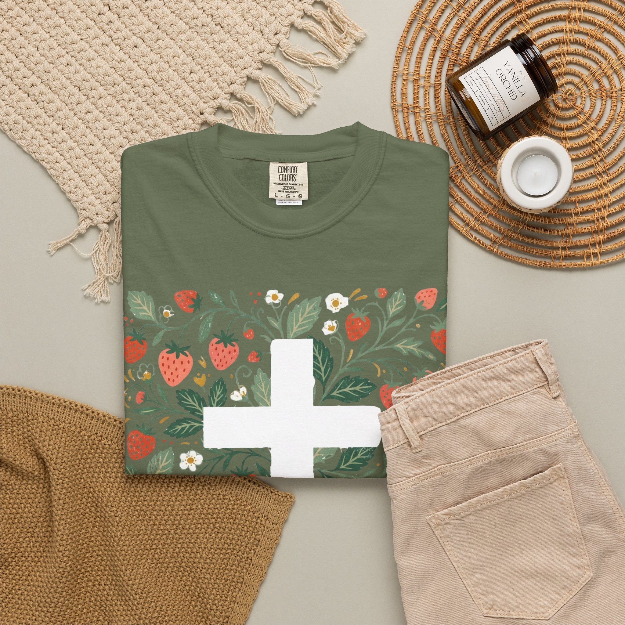 Strawberry Floral Cross T-Shirt — Botanical Faith Graphic Tee
