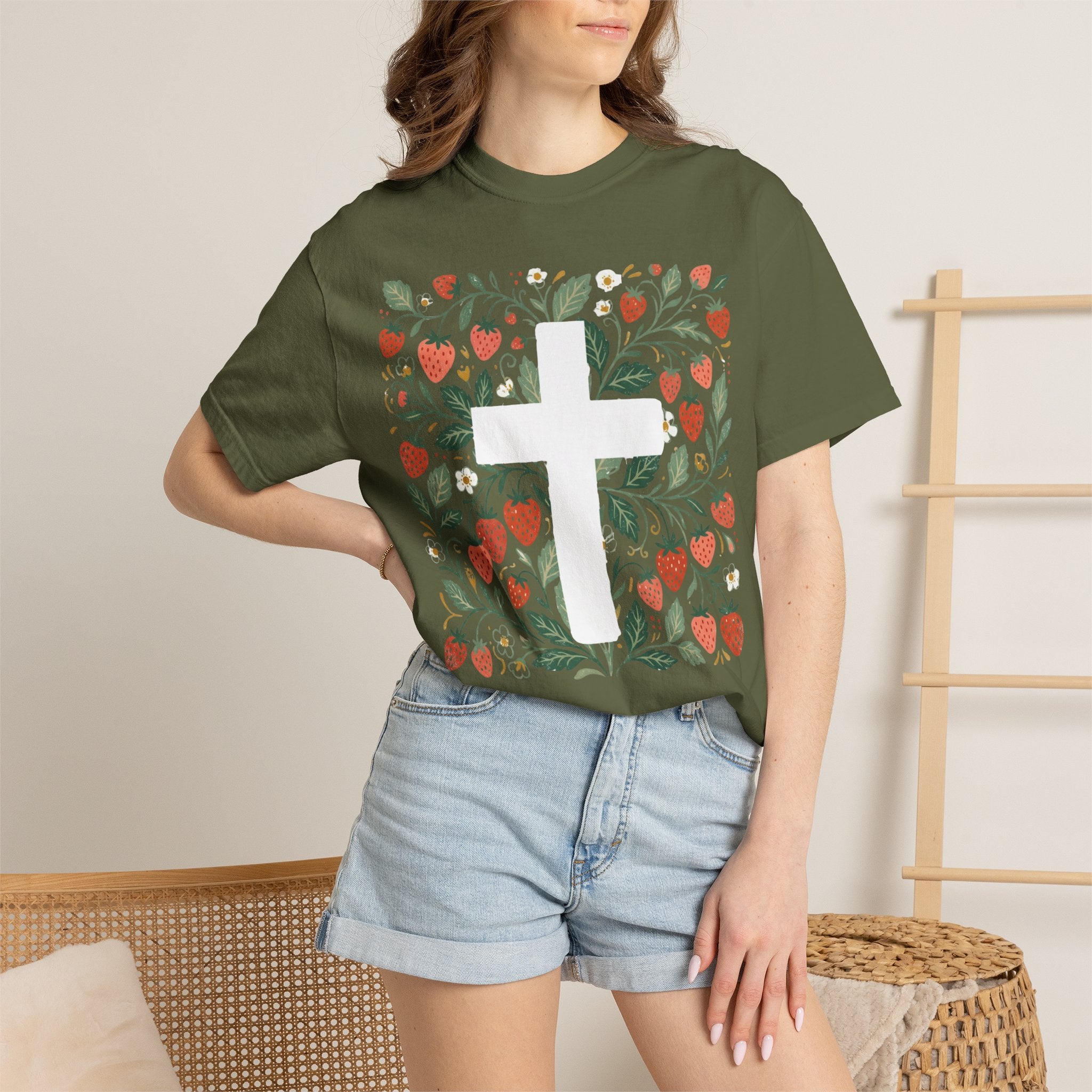 Strawberry Floral Cross T-Shirt — Botanical Faith Graphic Tee