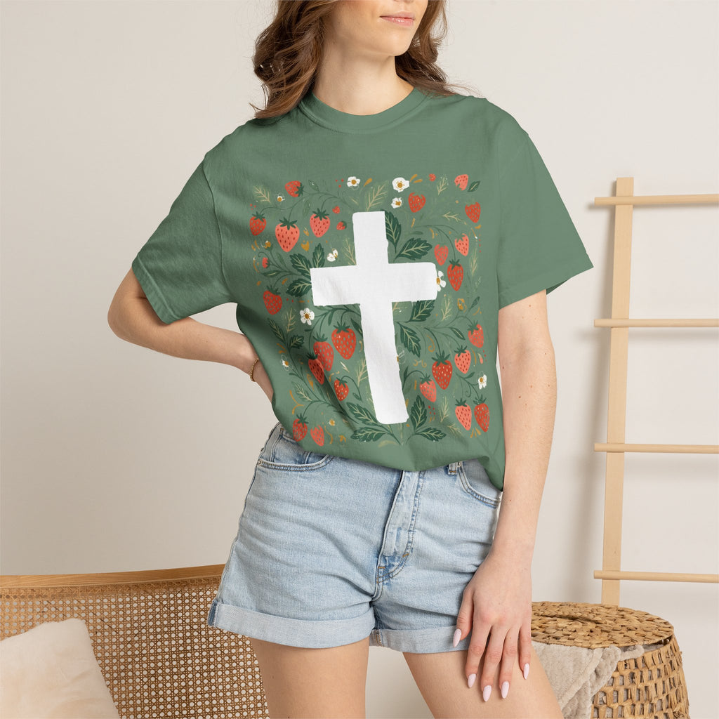 Strawberry Floral Cross T-Shirt — Botanical Faith Graphic Tee