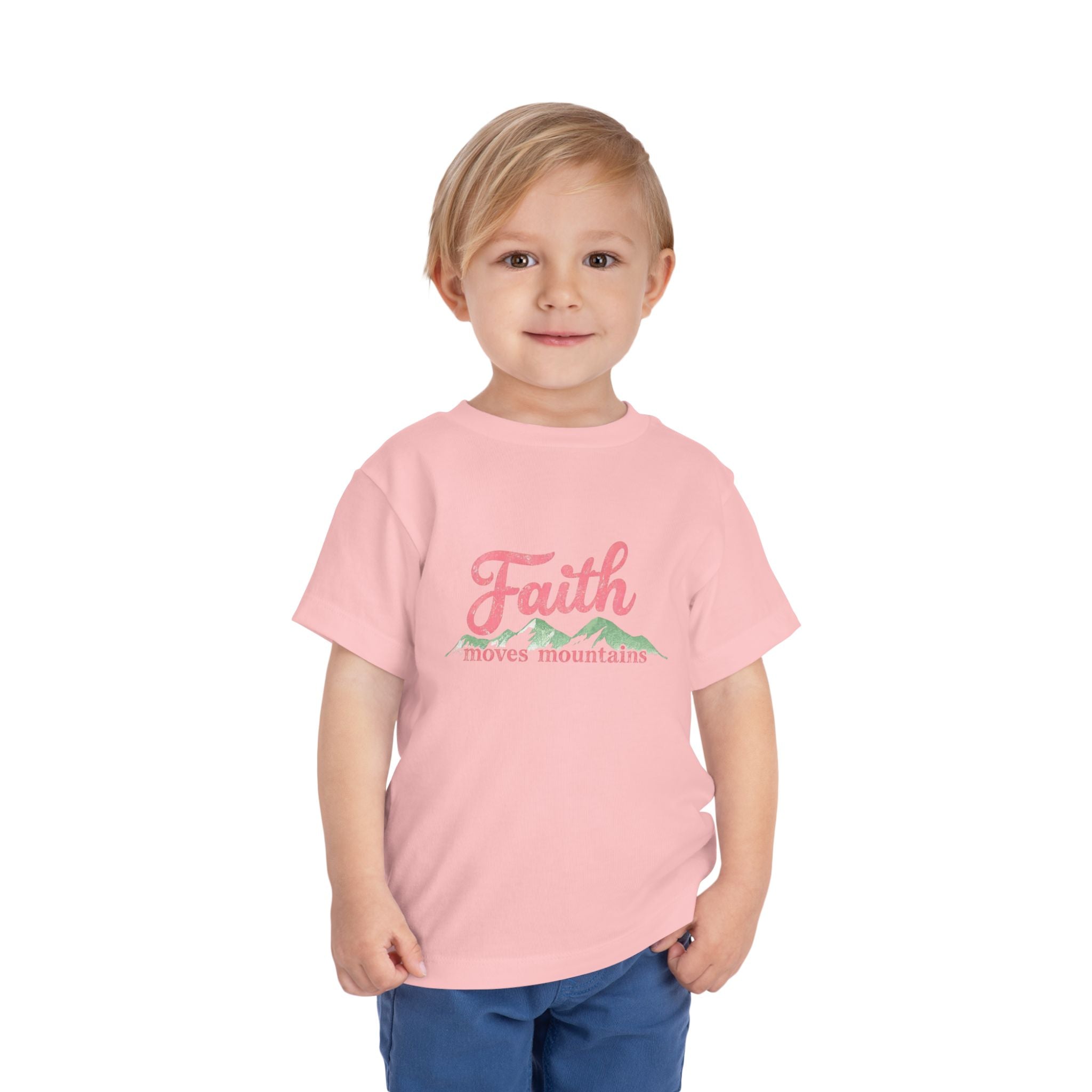 Toddler Tee - "Faith Moves Mountains" Pink Script Kids T-Shirt