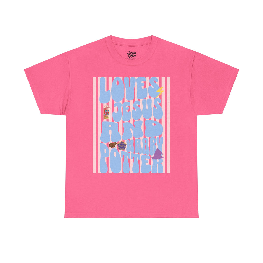 Jesus and Harry Potter Graphic Tee — "Love Jesus and Harry Potter" Retro Pink T-Shirt