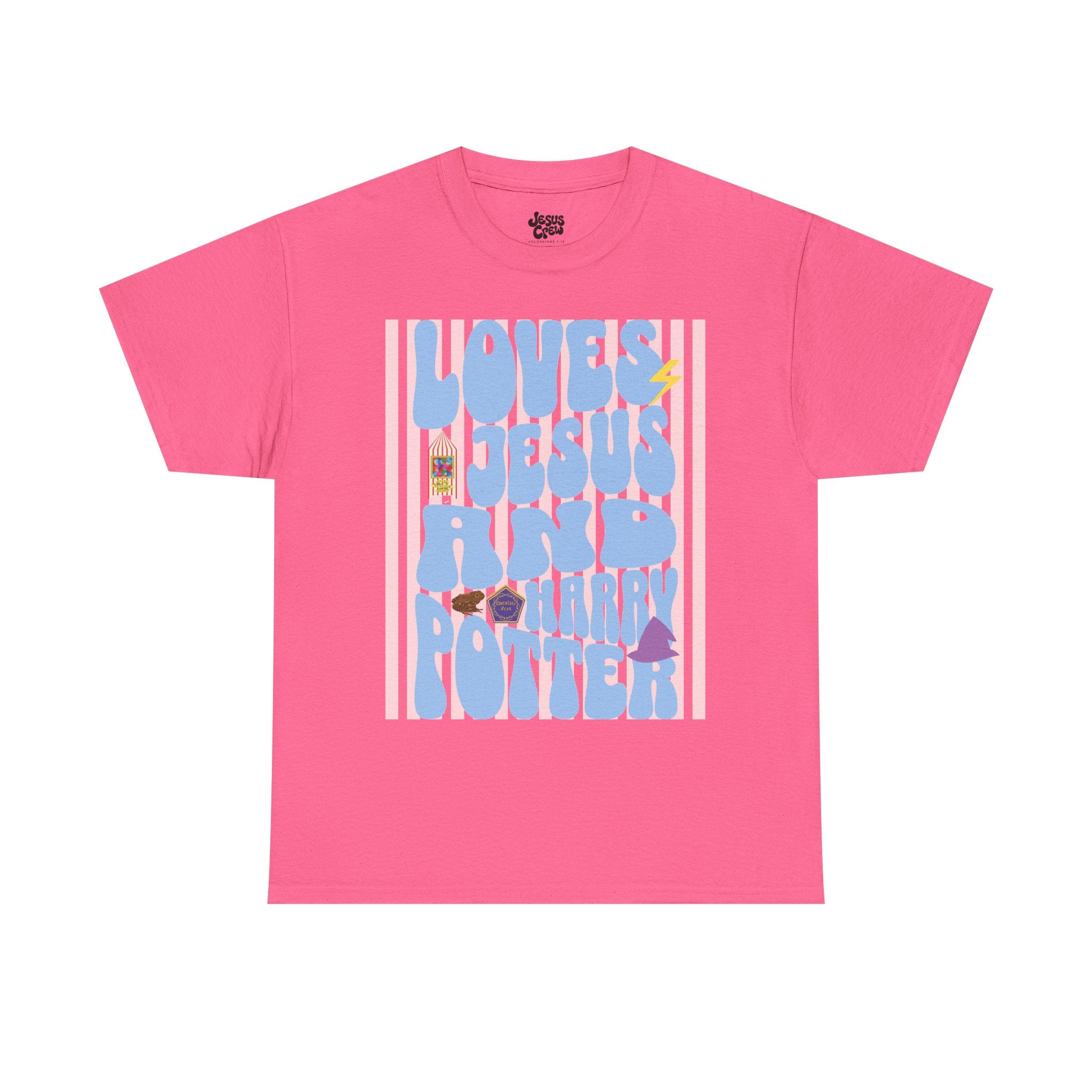 Jesus and Harry Potter Graphic Tee — "Love Jesus and Harry Potter" Retro Pink T-Shirt