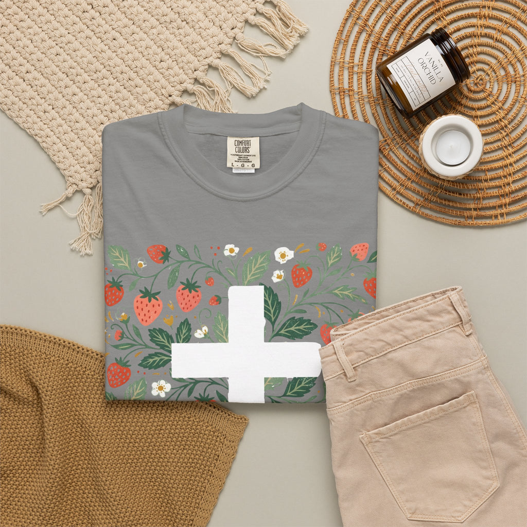 Strawberry Floral Cross T-Shirt — Botanical Faith Graphic Tee